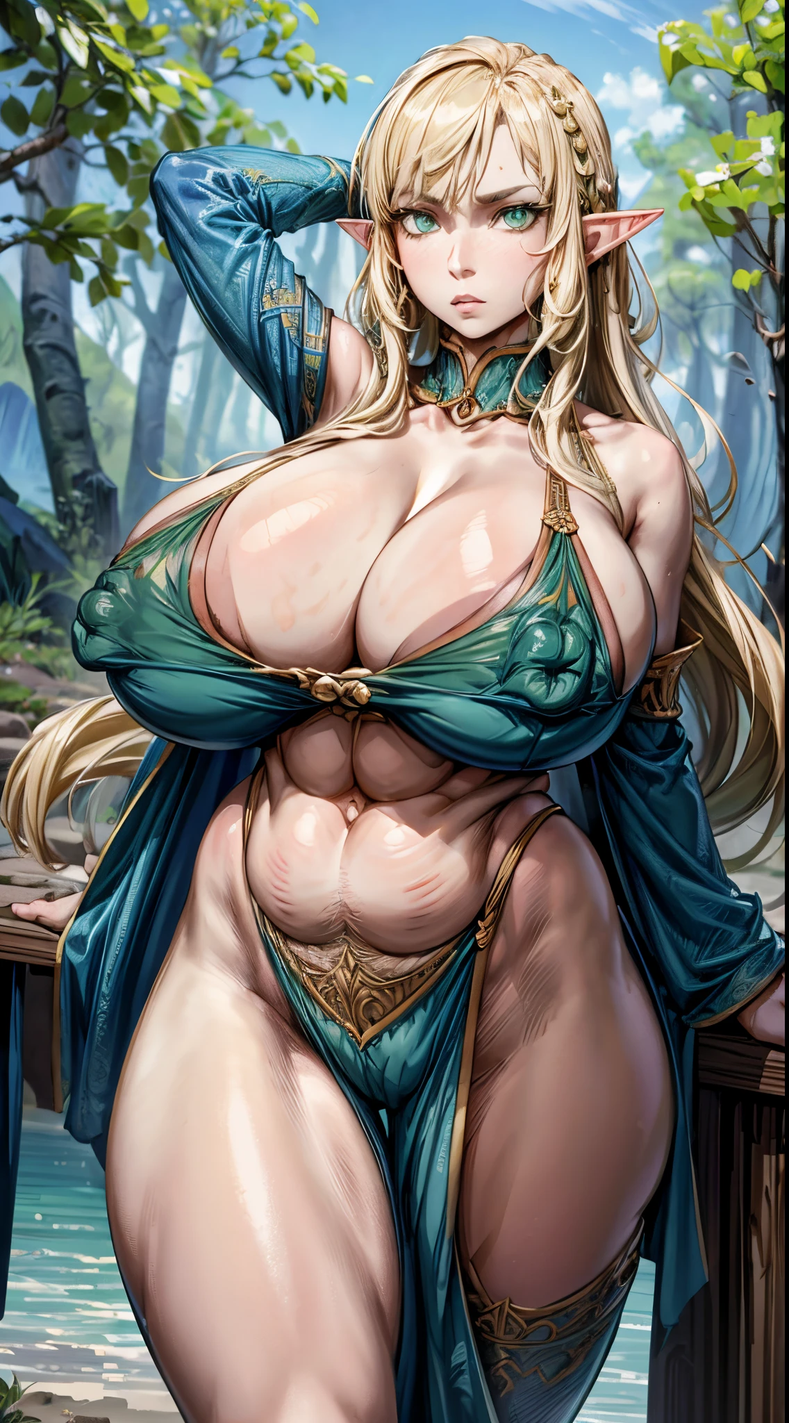 A tall and beautiful elf woman, green eyes, contempt in her eyes, a cold expression, long fluffy blond hair, a haughty posture, chest up, massive ass, massive boobs, exposed shoulders, exposed navel, exposed thighs, looking up camera, in forest, (((masterpiece))), (((best quality))), illustration,