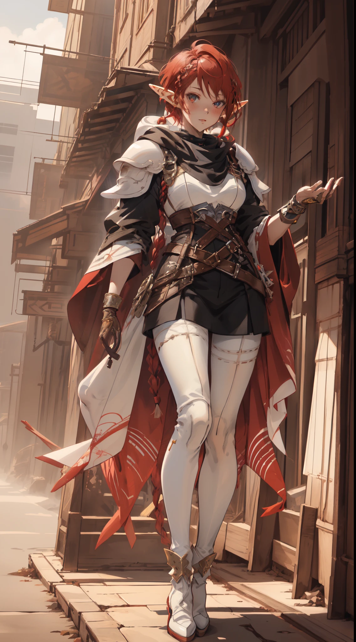 (masterpiece, top quality, best quality, official art, beautiful and aesthetic:1.2),  (elf), (1girl), solo,  Bangs,  short hair, red twin Braid hair，((dessertpunk X white armor))，long black glovelack pantyhoses，Handsome standing with white boots, highest detailed face, art  by Artgerm, by Kawacy, By Yusuke Murata