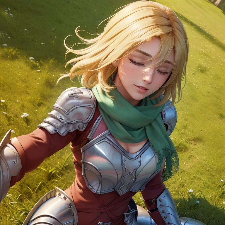 (({{masterpiece,best quality,ultra-detailed}}))  1girl, grass field,flower,wariza,looking at viewer,blonde short hair, armor, red hair band, breastplate,shoulder armor, bangs , (armor bootoots ,, green scarf ,armored boots,upper body, hair over one eye ,hair over one eye ,blue eyes ,gloves ,holding ,pantyhose ,