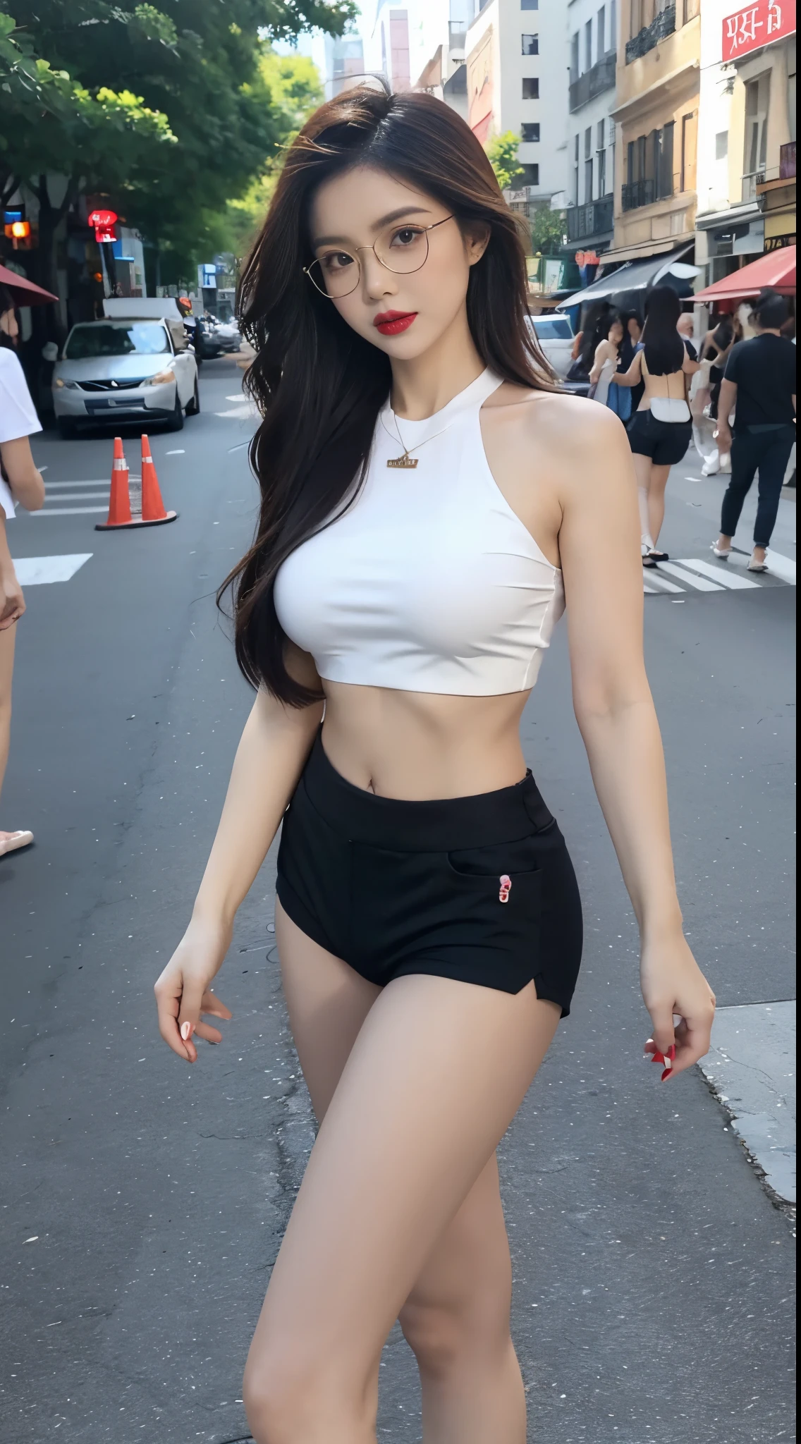 Beautiful Girl, makeup, Red lips, big breasts, medium body, thigh, trang phục thời trang đường phố, crop top, Tight shorts, style streel, streetscape, traffic, Look at the viewer, wear glasses,