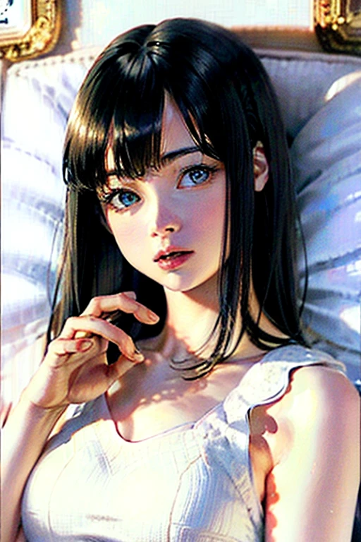 high quality fingers, normal hands, detailed fingers,masterpiece, (realistic, photo-realistic:1.37), (22 years old woman), medium breast, small waist, black hair glamour, blue eyes, beautiful face, perfect illumination, beautiful detailed eyes,looking at viewer, stunningly beautiful woman, detailed hairstyle, detailed background, bedroom, bed, sexy one piece bedwear with laces