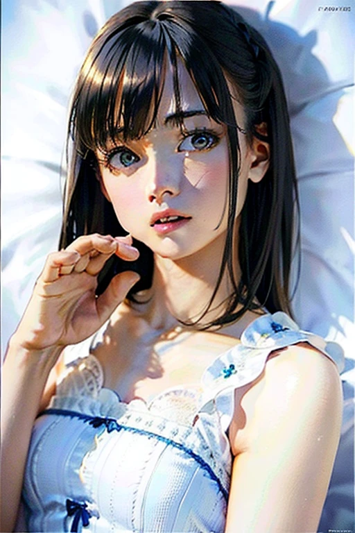high quality fingers, normal hands, detailed fingers,masterpiece, (realistic, photo-realistic:1.37), (22 years old woman), medium breast, small waist, black hair glamour, blue eyes, beautiful face, perfect illumination, beautiful detailed eyes,looking at viewer, stunningly beautiful woman, detailed hairstyle, detailed background, bedroom, bed, sexy one piece bedwear with laces