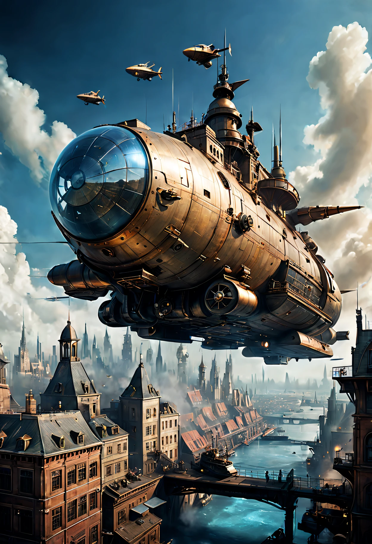 A fascinating blend of medieval and futuristic elements, Where the past and the future collide harmoniously. Imagine a world where towering castles and fortified walls coexist with advanced technology and fashion, futuristic building,A steam-powered ship flies over a cityscape, Surrealist illustration style, pile/stack, Superlarge objects, Stunning ocean scene, Meticulous military scenes, Spas, PS1 Graphics, mechanical realism style, Superlarge objects, pile/stack, fire core, Andrzej Sekut, piratepunk, low angles,The ship is flying over some buildings in the city, Steampunk design style, Realistic exaggeration of photos, pile/stack, Meticulous military scenes, Cloud core, automatism, sky blue and beige,Sci-fi painting by Nexos，Depicts a spaceship and some ships over the city, Steampunk creature style, photorealism techniques, installation creator, Typology of the Becher couple, Dieselpunk, Playful scene, Large projects
