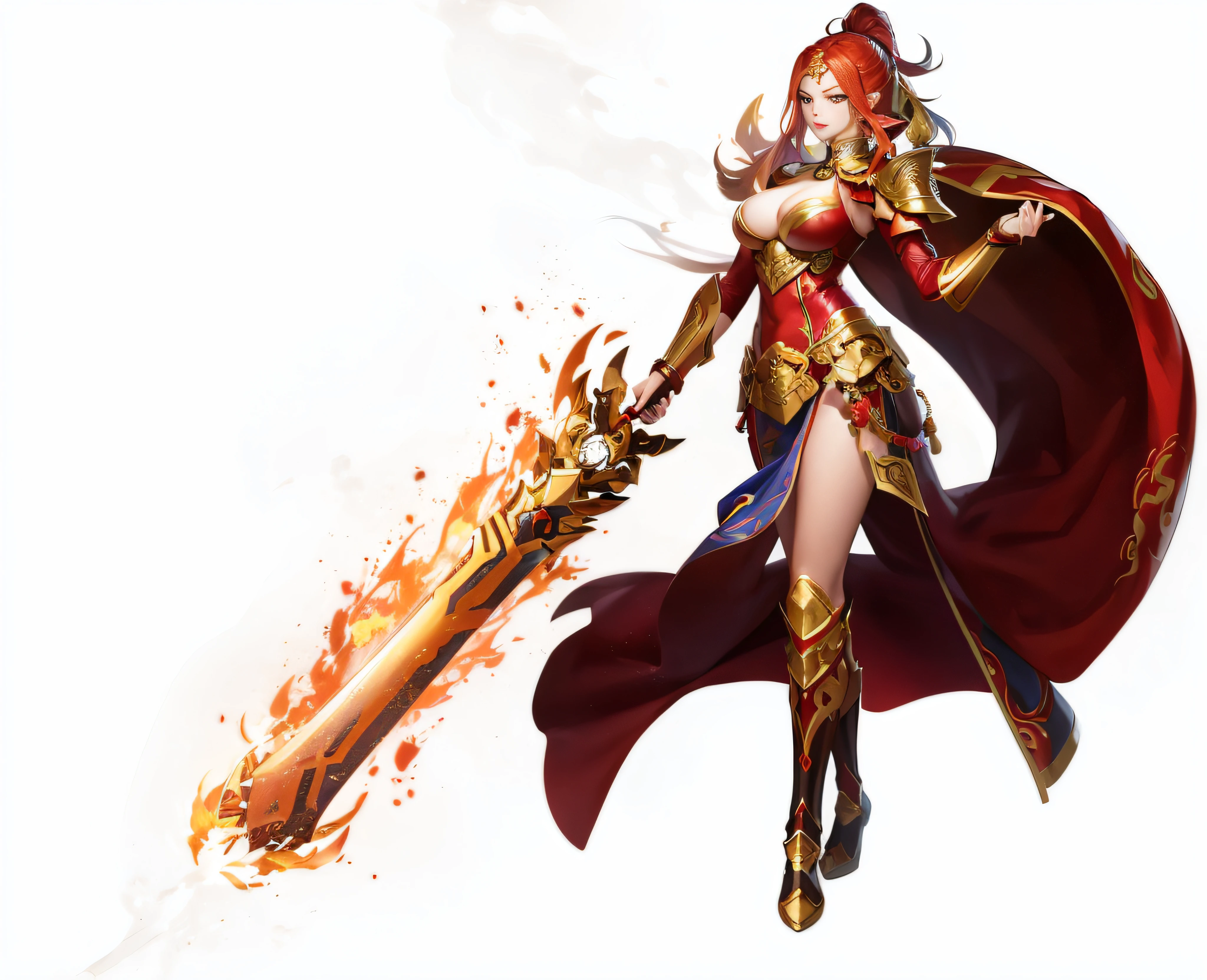 a close up of a woman with a sword and a fire, picture of female paladin, appears as the fire goddess, with large sword, from ncsoft, cyarine, wielding a flaming sword, key art, lina, bian lian, female paladin, by Yang Borun, inspired by Ju Lian, guilty gear art direction, official art