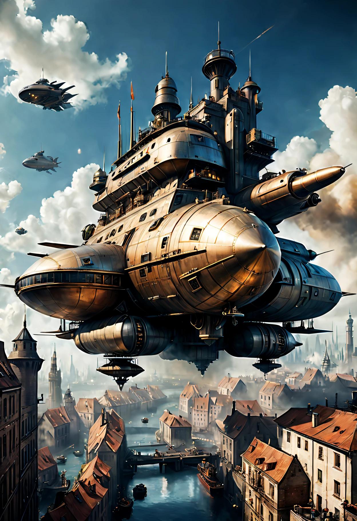 A fascinating blend of medieval and futuristic elements, Where the past and the future collide harmoniously. Imagine a world where towering castles and fortified walls coexist with advanced technology and fashion, futuristic building,A steam-powered ship flies over a cityscape, Surrealist illustration style, pile/stack, Superlarge objects, Stunning ocean scene, Meticulous military scenes, Spas, PS1 Graphics, mechanical realism style, Superlarge objects, pile/stack, fire core, Andrzej Sekut, piratepunk, low angles,The ship is flying over some buildings in the city, Steampunk design style, Realistic exaggeration of photos, pile/stack, Meticulous military scenes, Cloud core, automatism, sky blue and beige,Sci-fi painting by Nexos，Depicts a spaceship and some ships over the city, Steampunk creature style, photorealism techniques, installation creator, Typology of the Becher couple, Dieselpunk, Playful scene, Large projects