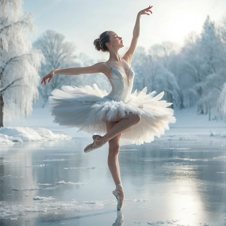 Photo of a classical ballerina dancing Swan Lake with lots of movement and poignancy. Her tutu is covered in white feathers. Backgroundvis a frozen lake in winter. Photorealistic.