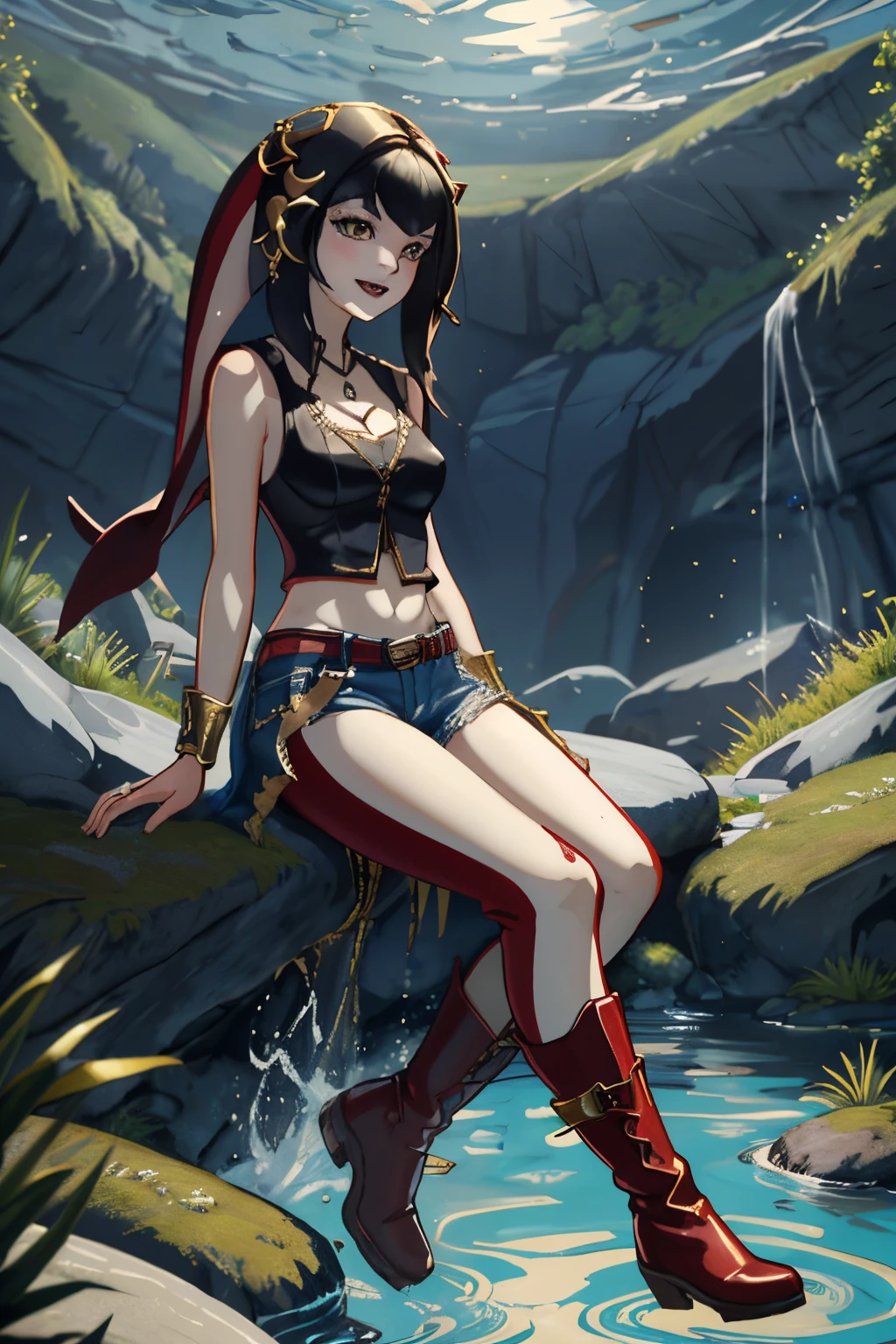 Phin has light gray skin, long pointed elfish ears, vivid salmon-colored scales on her forearms and calves, She has waist-length straight black hair, yellow eyes with thin vampiric slits for pupils. Her fangs are small but noticeable when she grins, Phin wears black ripped jeans and crimson knee-high boots, coupled with a sleeveless white armor vest edged in gold, A long black leather duster coat completes the outfit, she carries a battle-worn golden trident axe, She also wears a small Zora sapphire pendant necklace. Phin has a chill playful personality and often floats nonchalantly a foot off the ground, As a vampire-Zora hybrid she has a unique undead aquatic physiology with powers from both species, masterpiece, high quality, 4K, MarcelineWaifu, red tank top, jeans, boots, zora, nsfw