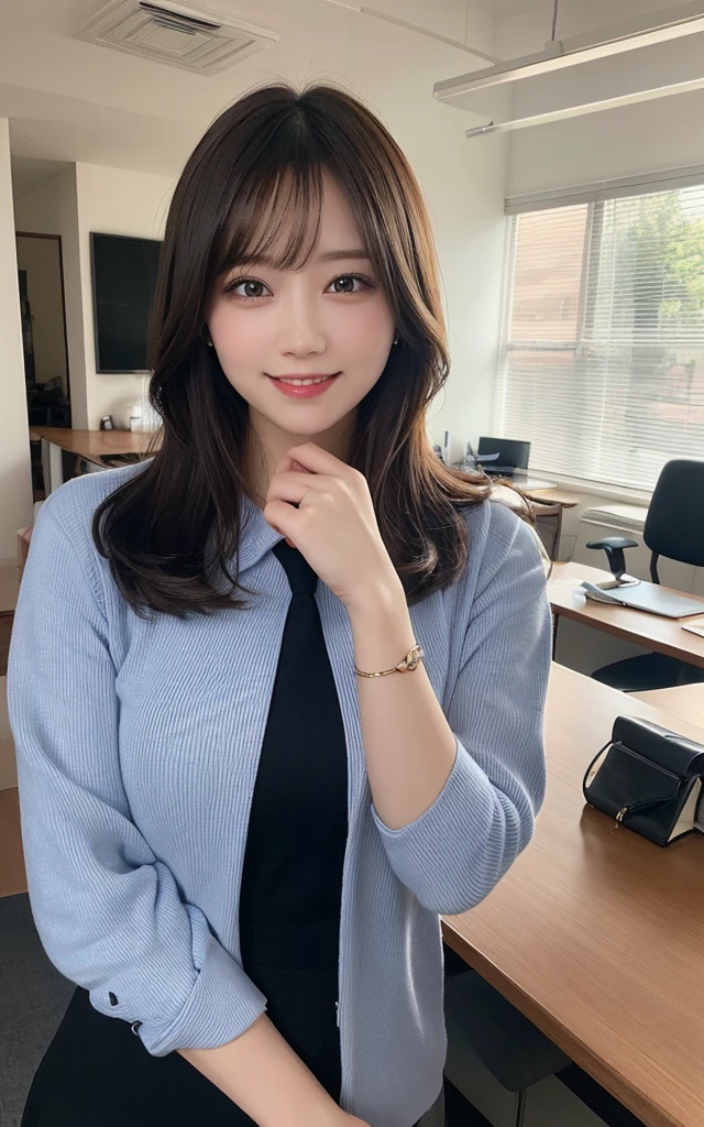 masutepiece, Best Quality, Illustration, Ultra-detailed, finely detail, hight resolution, 8K Wallpaper, Perfect dynamic composition, Beautiful detailed eyes, office attire,Bob Hair, Natural Color Lip, ,Smile,20 years girl、Huge titanization room