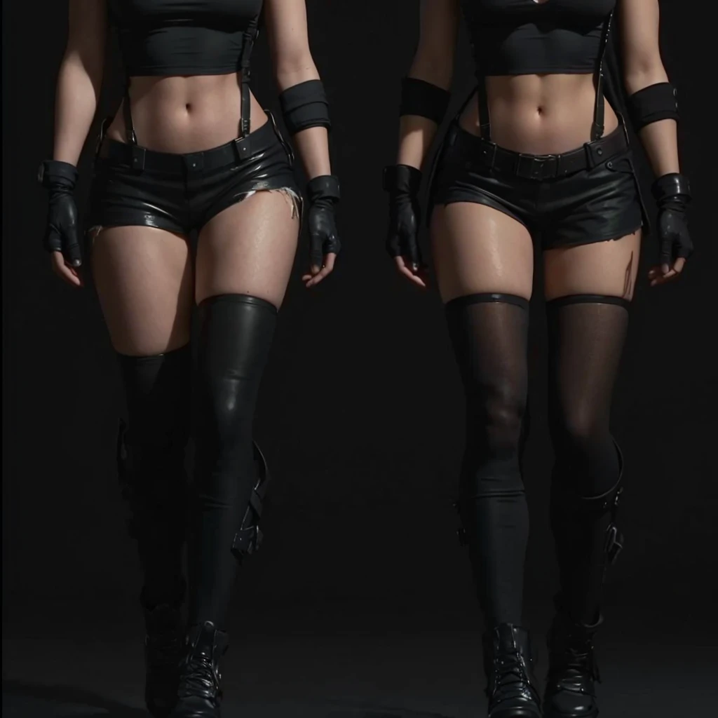 (Masterpiece, plain background:1.2) Blackest blacked dark skin elf 1sologirl (8k, best quality, masterpiece:1.2) (realistic, photo-realistic:1.37) (full body) 1female solo girl, standing straight  symmetrical contrapposto 2legs apart (wide stance) ultra detailed, cute (beautiful detailed eyes) (smile:1.2) (closed mouth) (red cheeks) sharp focus, depth of field, good composition, very long straight WHITE SILVER hair, hair bang ((red eyes)), intricate, bokeh (Tetsuya Nomura style) perfect knockers, white tank top, black thong, suspenders, red gloves gauntlets, white stockings, toned body, athletic, wide hips, thin waist, toned arms, exposed abdomen, abs toned, navel, big belly button belt, view from behind