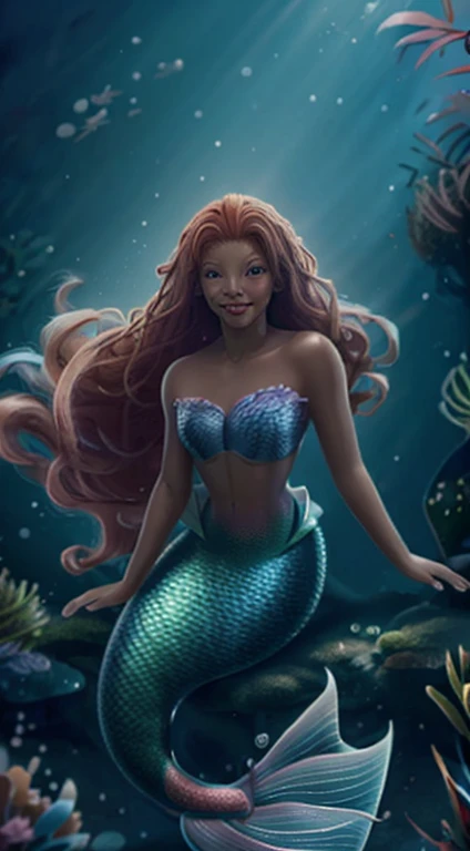 (HB_ariel) Create a highly detailed and photorealistic image of a black girl version of Disney's 'The Little Mermaid.' She should have long red dreadlocks and be portrayed in an immersive sea environment with light rays, exuding a sensual and elegant vibe. Smiling face. Utilize a long shot or medium shot to capture her in the enchanting underwater environment, emphasizing her allure. Render the image with Unreal Engine 5 and apply the Octane render plugin for lifelike results