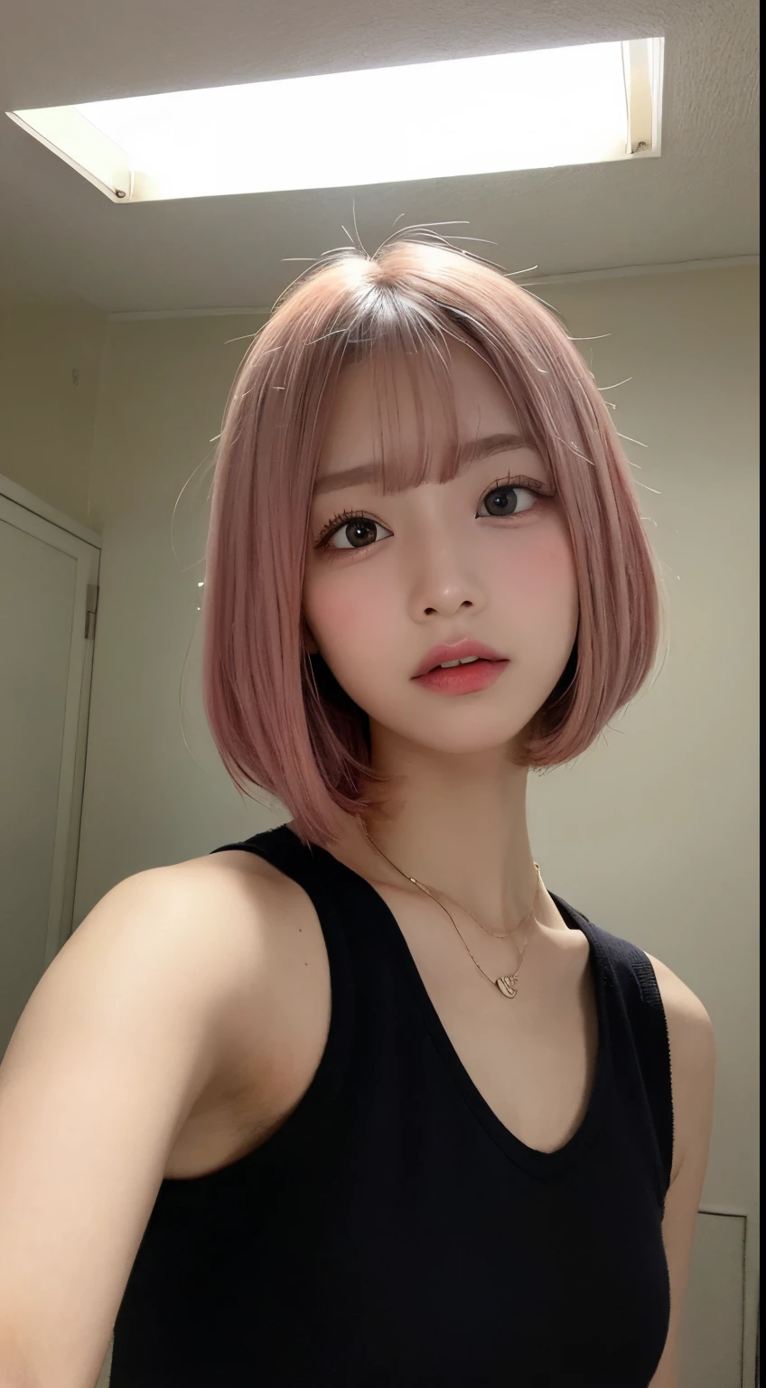 masutepiece, Best Quality, Illustration, Ultra-detailed, finely detail, hight resolution, in 8K,Wallpaper, Perfect dynamic composition, Beautiful detailed eyes, Black tank top,Short bob hair、Pink hair color,Big Natural Color Lip, Bold sexy poses,crying a little、cold stare,Harajuku、20 years girl、Cute、Looking up at the ceiling、In a dark room、Sleeping on the bed
