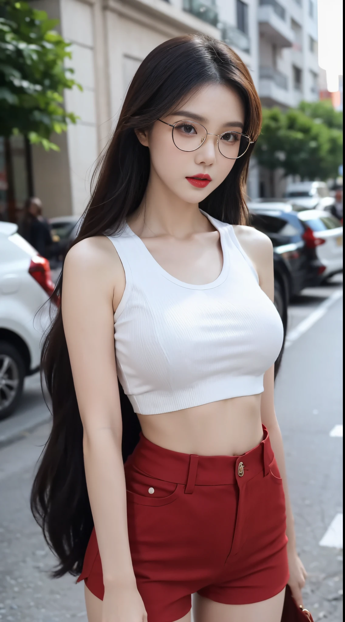 Beautiful Girl, makeup, Red lips, big breasts, medium body, thigh, trang phục thời trang đường phố, crop top, Tight shorts, style streel, streetscape, traffic, Look at the viewer, wear glasses,