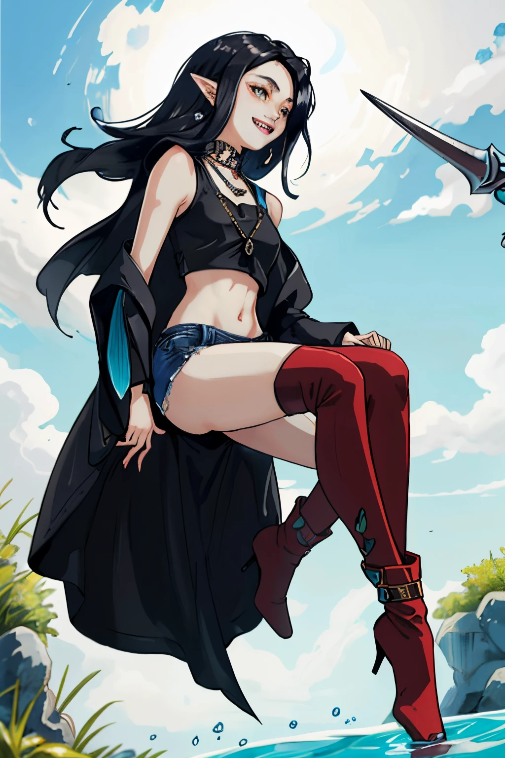 Phin has light gray skin, long pointed elfish ears, vivid salmon-colored scales on her forearms and calves, She has waist-length straight black hair, yellow eyes with thin vampiric slits for pupils. Her fangs are small but noticeable when she grins, Phin wears black ripped jeans and crimson knee-high boots, coupled with a sleeveless white armor vest edged in gold, A long black leather duster coat completes the outfit, she carries a battle-worn golden trident axe, She also wears a small Zora sapphire pendant necklace. Phin has a chill playful personality and often floats nonchalantly a foot off the ground, As a vampire-Zora hybrid she has a unique undead aquatic physiology with powers from both species, masterpiece, high quality, 4K, MarcelineWaifu, red tank top, jeans, boots, zora, nsfw