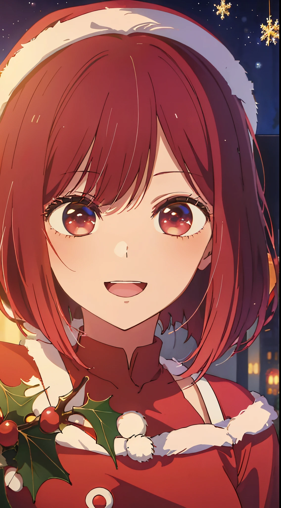 masterpiece、ighly detailed、(1 girl in:1.2)、Red hair、big eye、(((a closeup)))、smil、short-hair、(((anime styled)))、(((2D)))、Red Eyes、Open your mouth、(((santa )))、(((Christmas)))、8K、