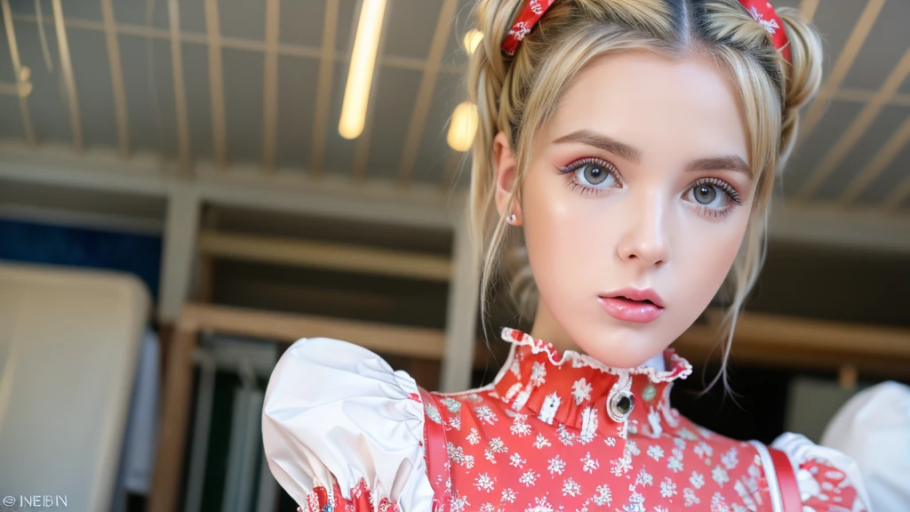 (best quality,4k,8k,highres,masterpiece:1.2),ultra-detailed,(realistic,photorealistic,photo-realistic:1.37),portraits,extremely detailed face,beautiful detailed eyes,long eyelashes,beautiful detailed lips,blonde hair with space buns,white latex blouse,red latex skirt,white latex stockings,red patent leather shoes,school girl,cute and busty,vivid colors,sharp focus,studio lighting,bokeh young