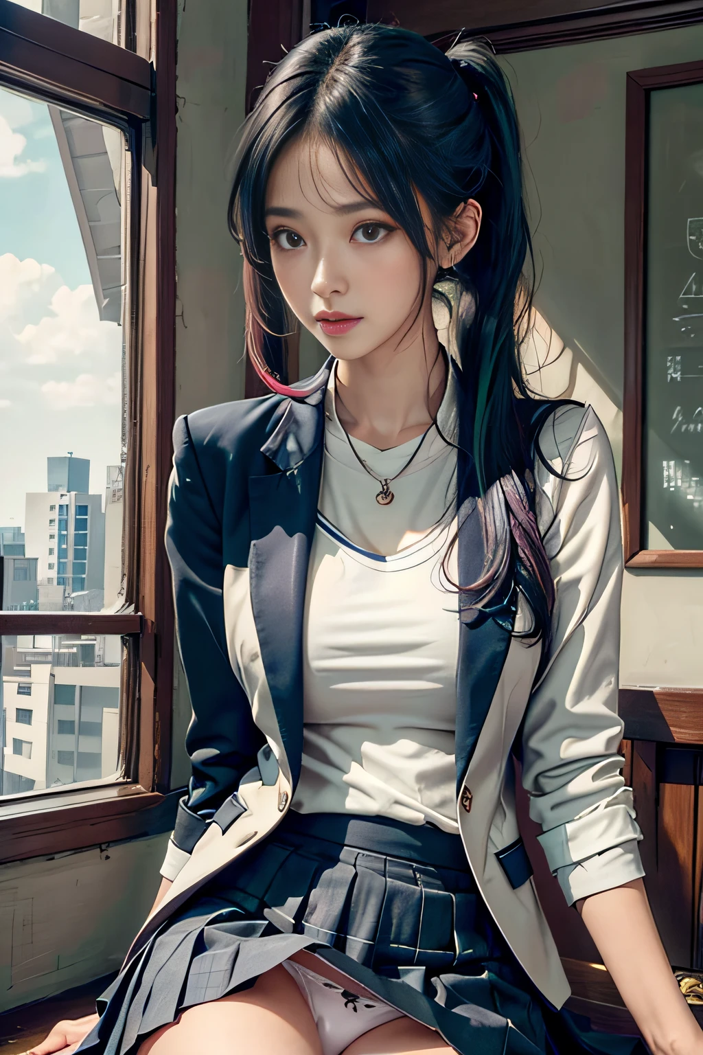 Photorealistic, High resolution, Soft light,1womanl, Solo, hips up high, (Detailed face),The tattoo, Jewelry, （(Girl sitting in school classroom))，A dark-haired、short-cut，Wear、（(White Blazer、Check skirt、styles，low chest, Long hair、((poneyTail))、((up skirt)）、（(mix４)）、((appearance々color panty abe々Colored hair)）