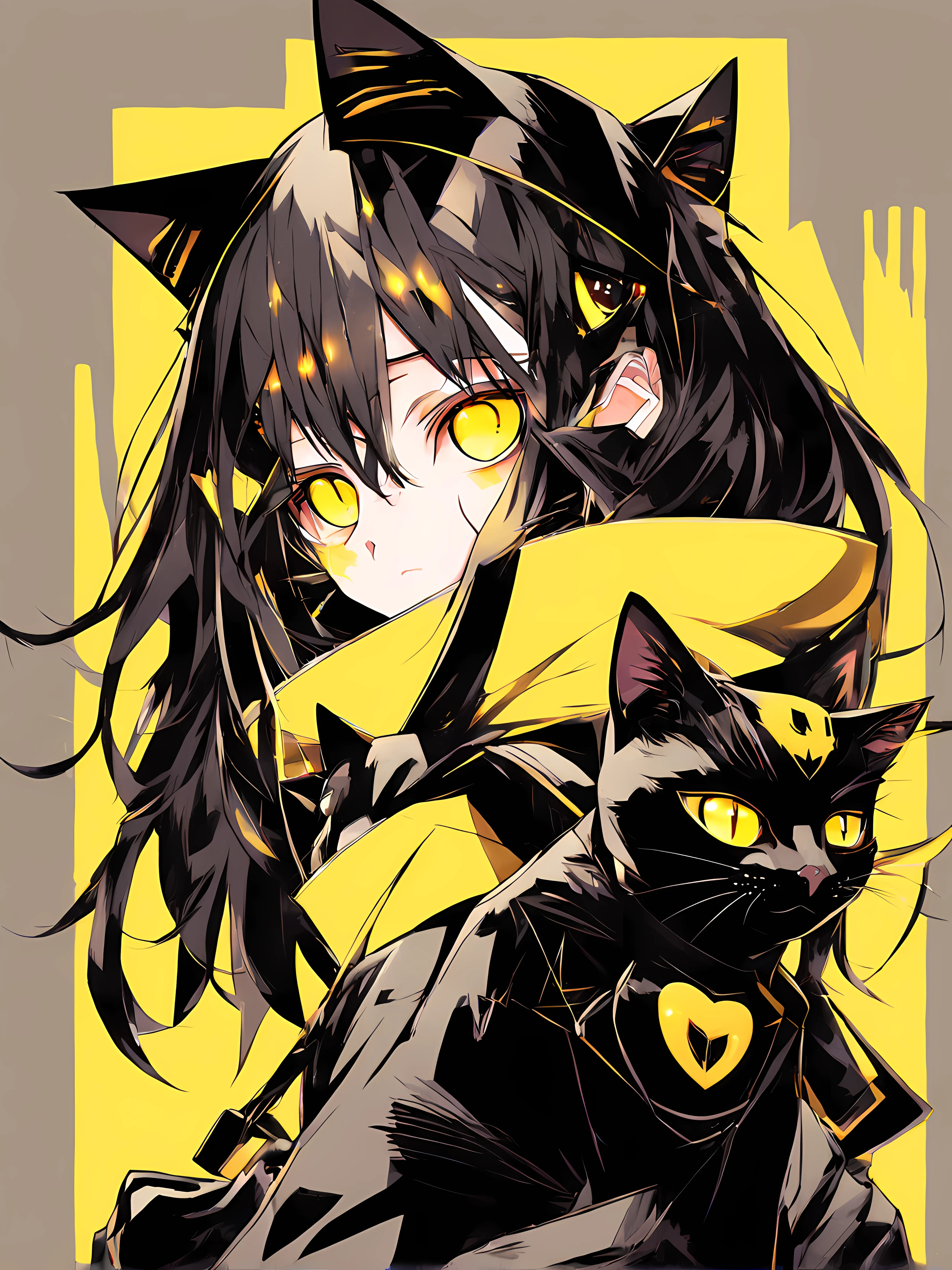 Anime character with cat ears and yellow eyes holding a black cat, yellow-eyed, epic anime style, eyes glowing, Anime style illustration, Anime style 4k, style of anime. 8K, anime style portrait, anime art style, cat woman, beautiful anime catgirl, Cat ears anime girl, style of anime, Black and, Fusion of anime style and movies