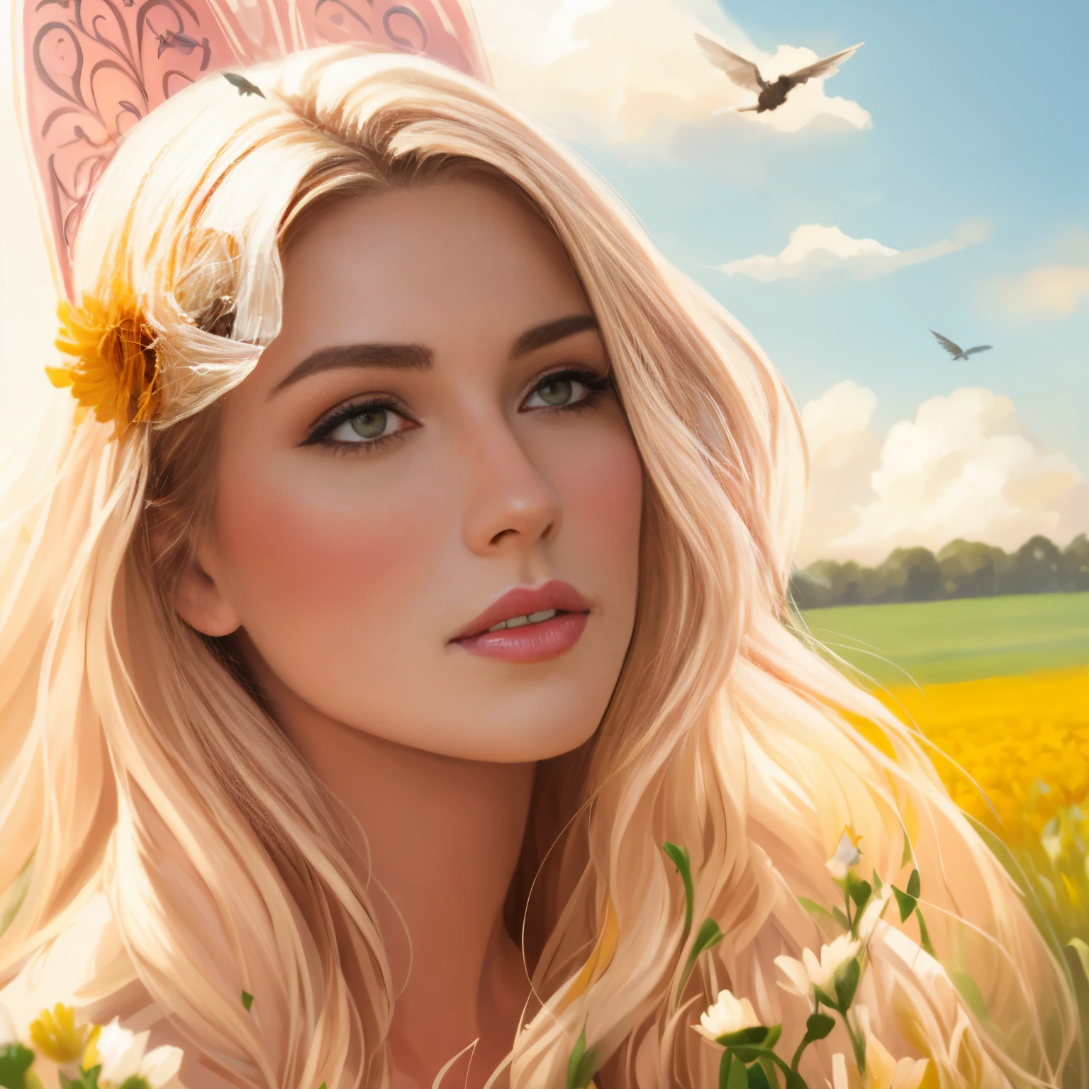 Painting of a woman in a field with birds flying overhead, Author: RHADS, inspired by RHADS, rhads and lois van baarle, rhads!!!, Concept art | rhads, rhads!, WLOP and RHADS, rob rey, Girl dancing on a flower field, Rads watercolor, A girl walks through a flower field