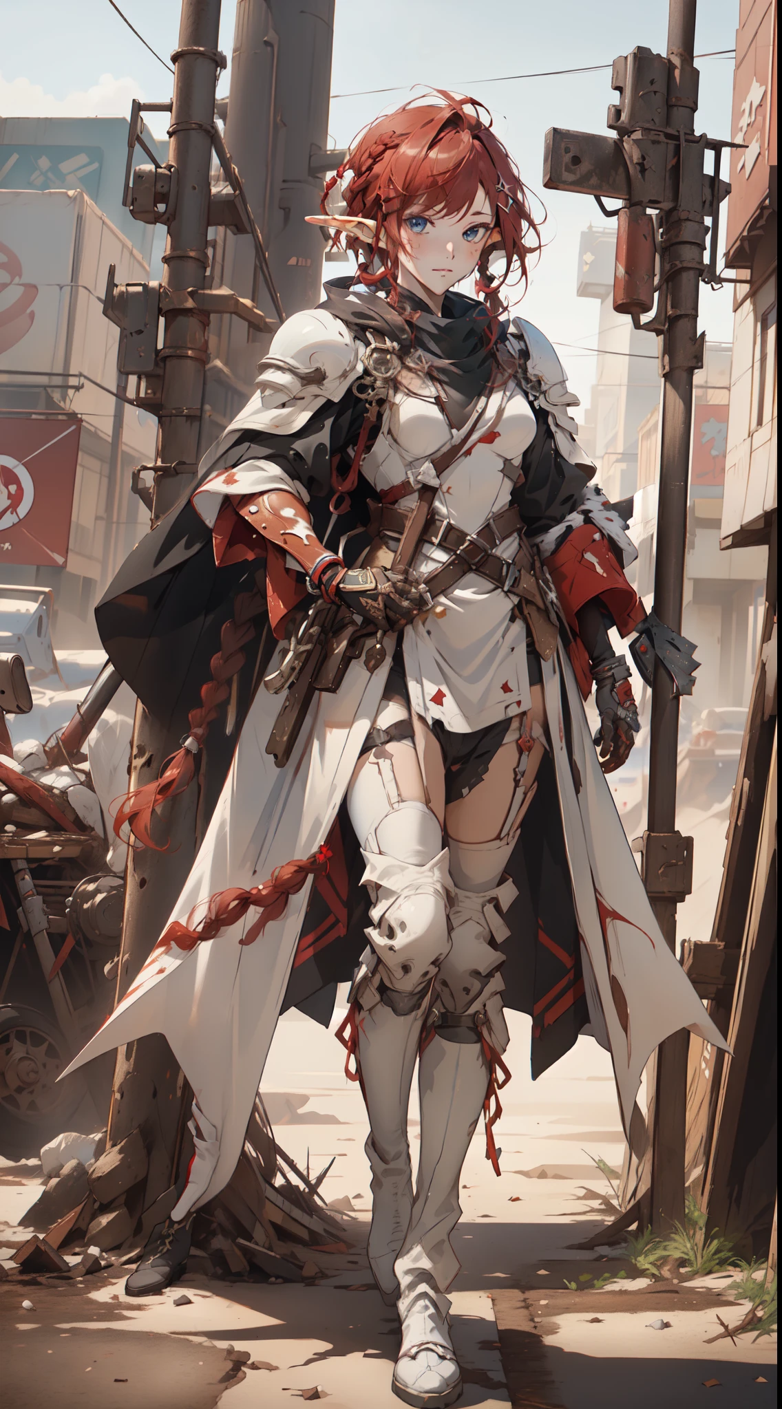 (masterpiece, top quality, best quality, official art, beautiful and aesthetic:1.2), (elf), (1girl), solo, Bangs, short hair, red twin Braid hair,((dessertpunk X white armor)),long black glovelack pantyhoses,Handsome standing with white boots, highest detailed face, art by Artgerm, by Kawacy, By Yusuke Murata