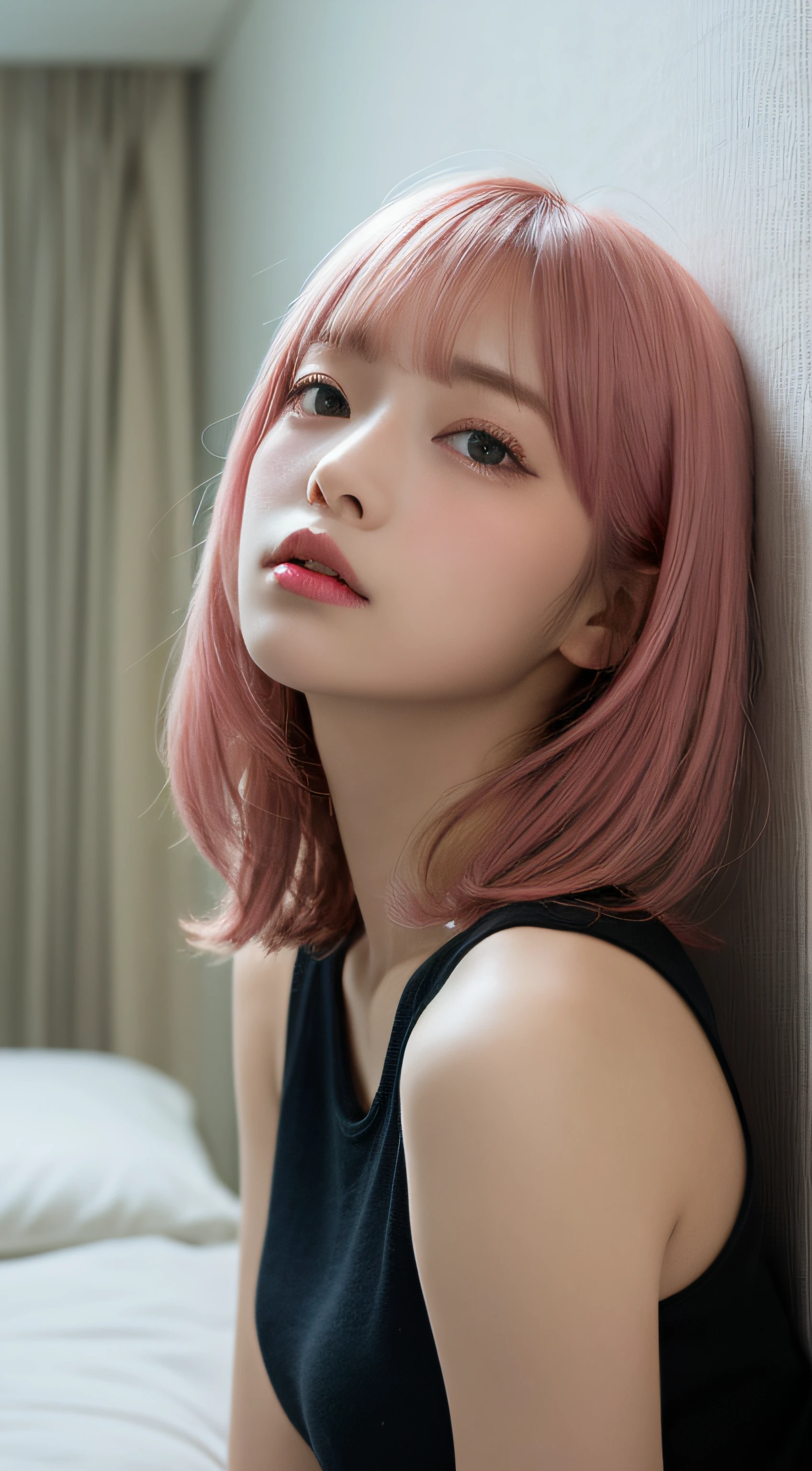 masutepiece, Best Quality, Illustration, Ultra-detailed, finely detail, hight resolution, in 8K,Wallpaper, Perfect dynamic composition, Beautiful detailed eyes, Black tank top,Short bob hair、Pink hair color,Big Natural Color Lip, Bold sexy poses,Crying a little、cold stare,Harajuku、20 years girl、Cute、Looking up at the ceiling、In a dark room、Sleeping on the bed