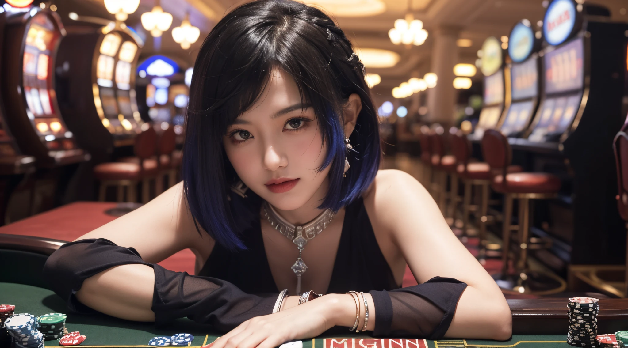 masterpiece:1.2, best quality), realistic, (real picture, intricate details, depth of field), (1girl, solo), make up, parted lips, highly-detailed, perfect face, (skindentation), glossy coral lips, blushing, Yelan  from genshin impact,high-detailed hands ultra realistic 8k cg, masterpiece, ((ultra detailed background, delicate pattern, intricate detail)), sitting, formal, serious, (displeased:1.5, anrgy, upset, head tilt), cursed, dark fantasy, (hair over one eye), (((malevolent shrine, casino betting, night, casino table, dice))), looking at viewer, huge breasts, lace, lace trim, lace-trimmed legwear, smirk smile filled with lust, blush on face, dark blue hair
