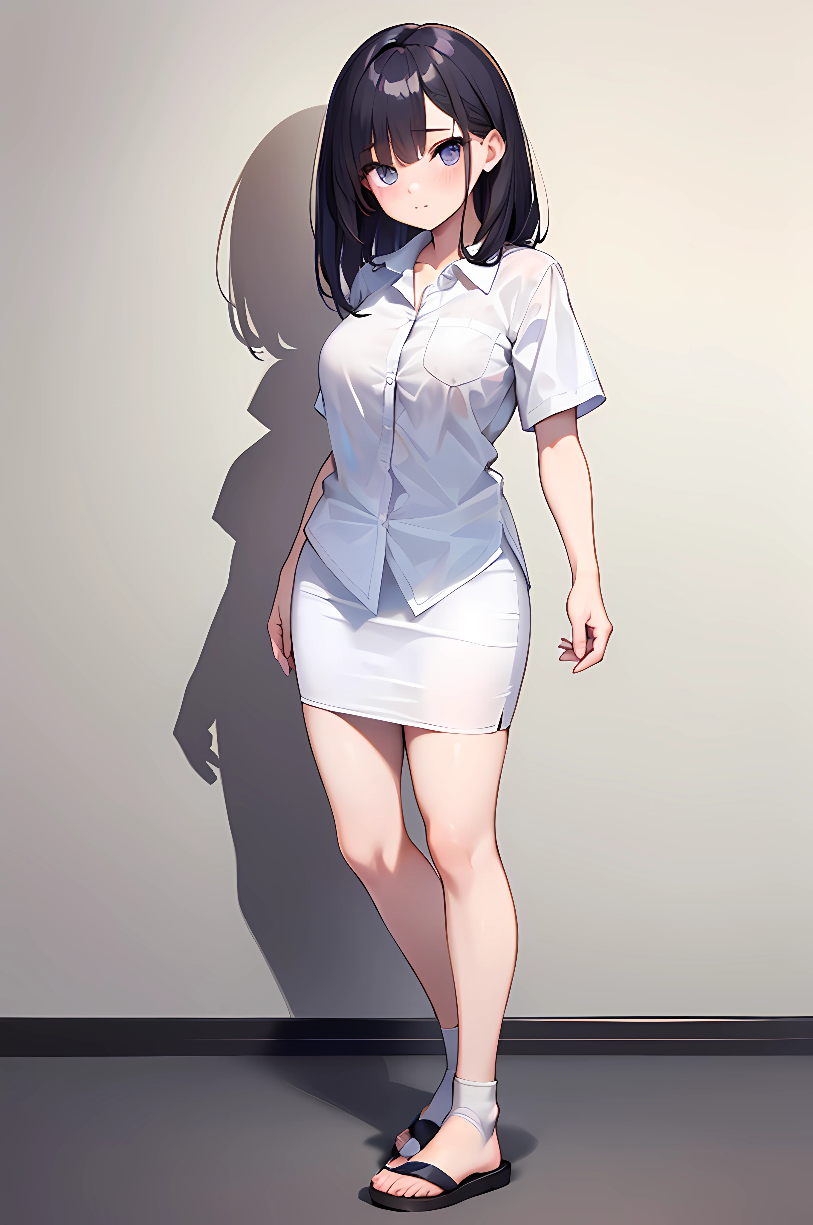 1woman, famale, age 19, (student:1.1), (detailed eyes:1.5), quality eyes, shirt, (short sleeves:1.1), Untucked, (Untucked Shirt:1.5), ((long white pencil skirt:1), (white:2)), (school sandal:1.1), (full body:1.1), (white clothing:1.2), high quality, detailed, ((best quality)), (masterpiece), ((4k quality))