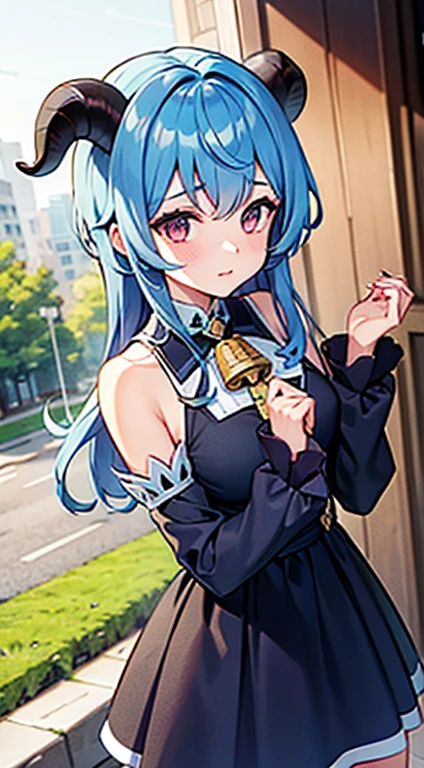 outside, goat daylight, horns, blue hair, detached sleeves, bell, dress