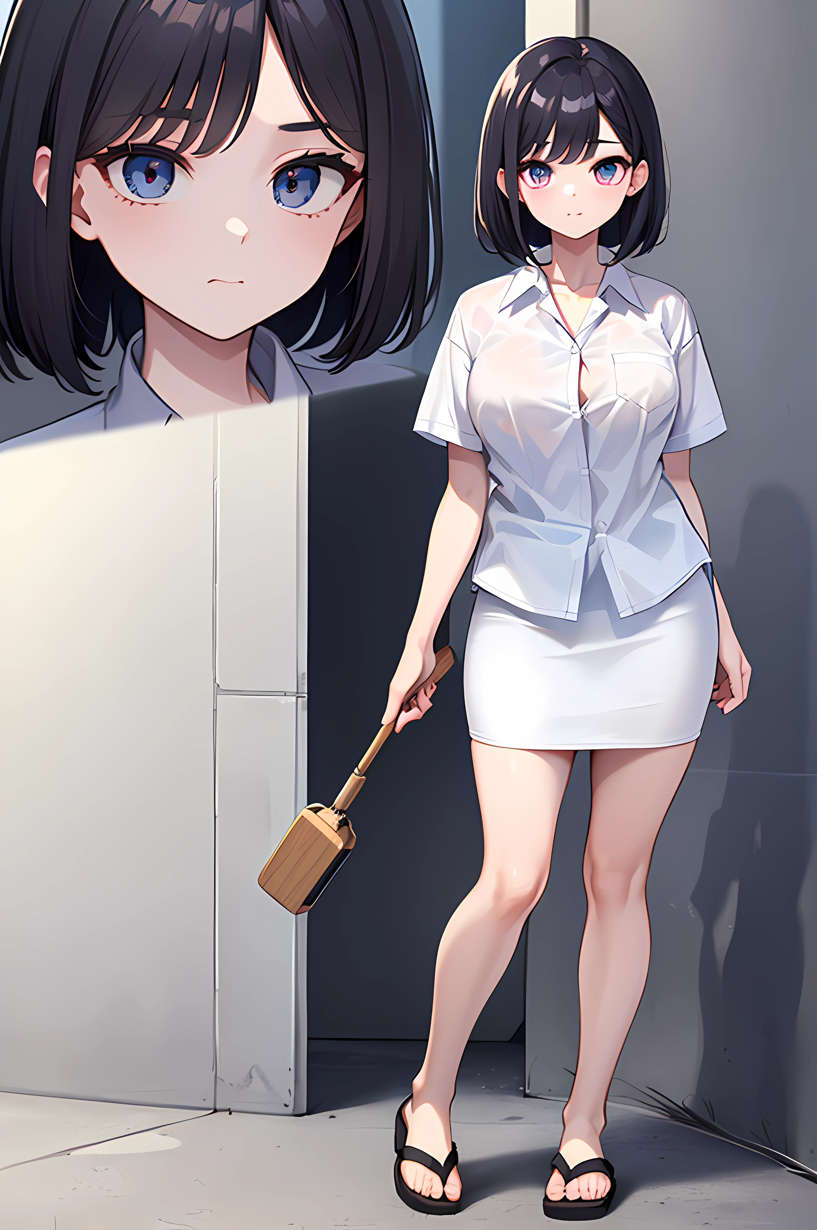 1woman, famale, age 19, (student:1.1), (detailed eyes:1.5), quality eyes, shirt, (short sleeves:1.1), Untucked, (Untucked Shirt:1.5), ((long white pencil skirt:1), (white:2)), (school sandal:1.1), (full body:1.1), black and whonochrome:1.5)), high quality, detailed, ((best quality)), (masterpiece), ((4k quality))