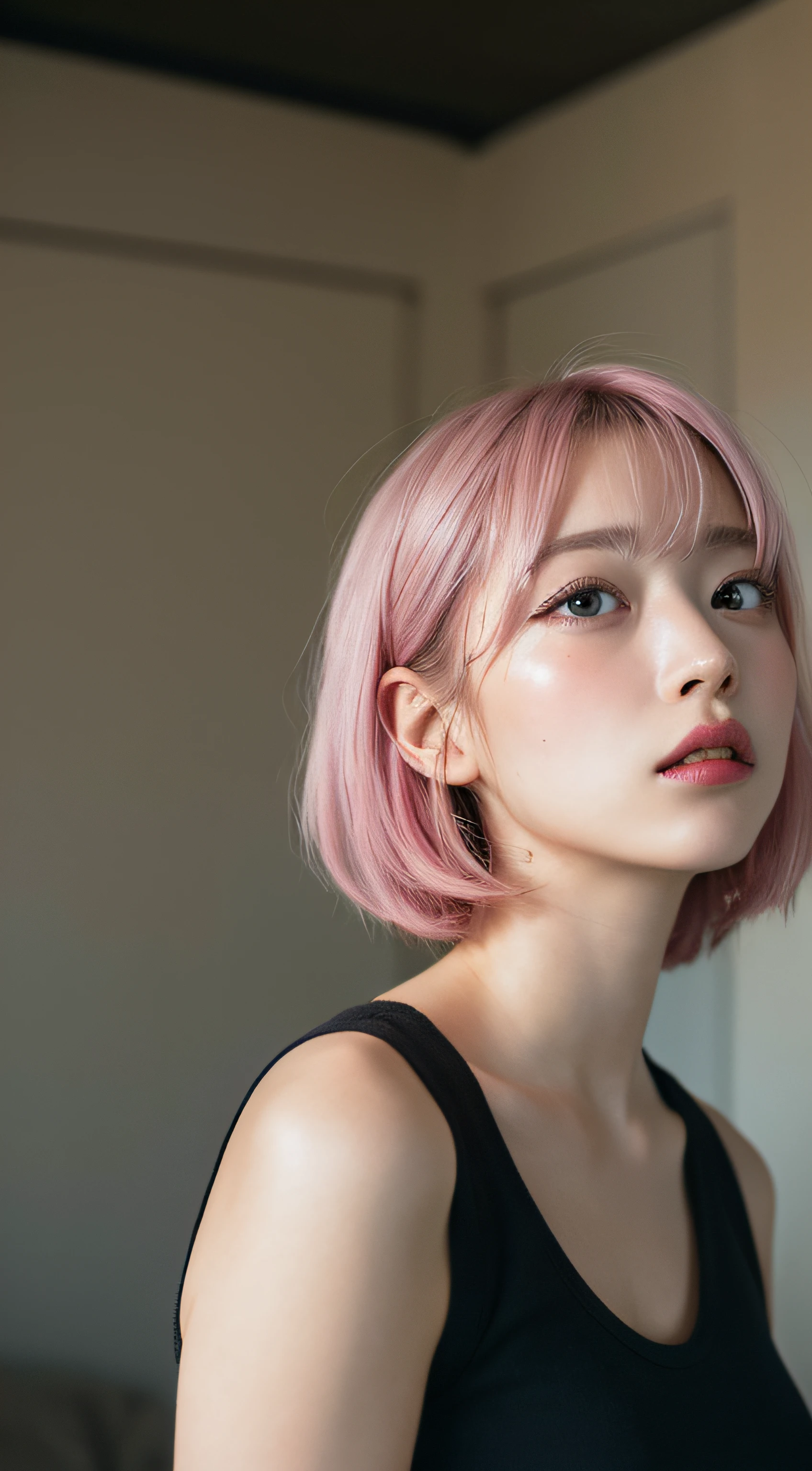 masutepiece, Best Quality, Illustration, Ultra-detailed, finely detail, hight resolution, in 8K,Wallpaper, Perfect dynamic composition, Beautiful detailed eyes, Black tank top,Short bob hair、Pink hair color,Big Natural Color Lip, Bold sexy poses,Crying a little、cold stare,Harajuku、20 years girl、Cute、Looking up at the ceiling、In a dark room、Sleeping on the bed