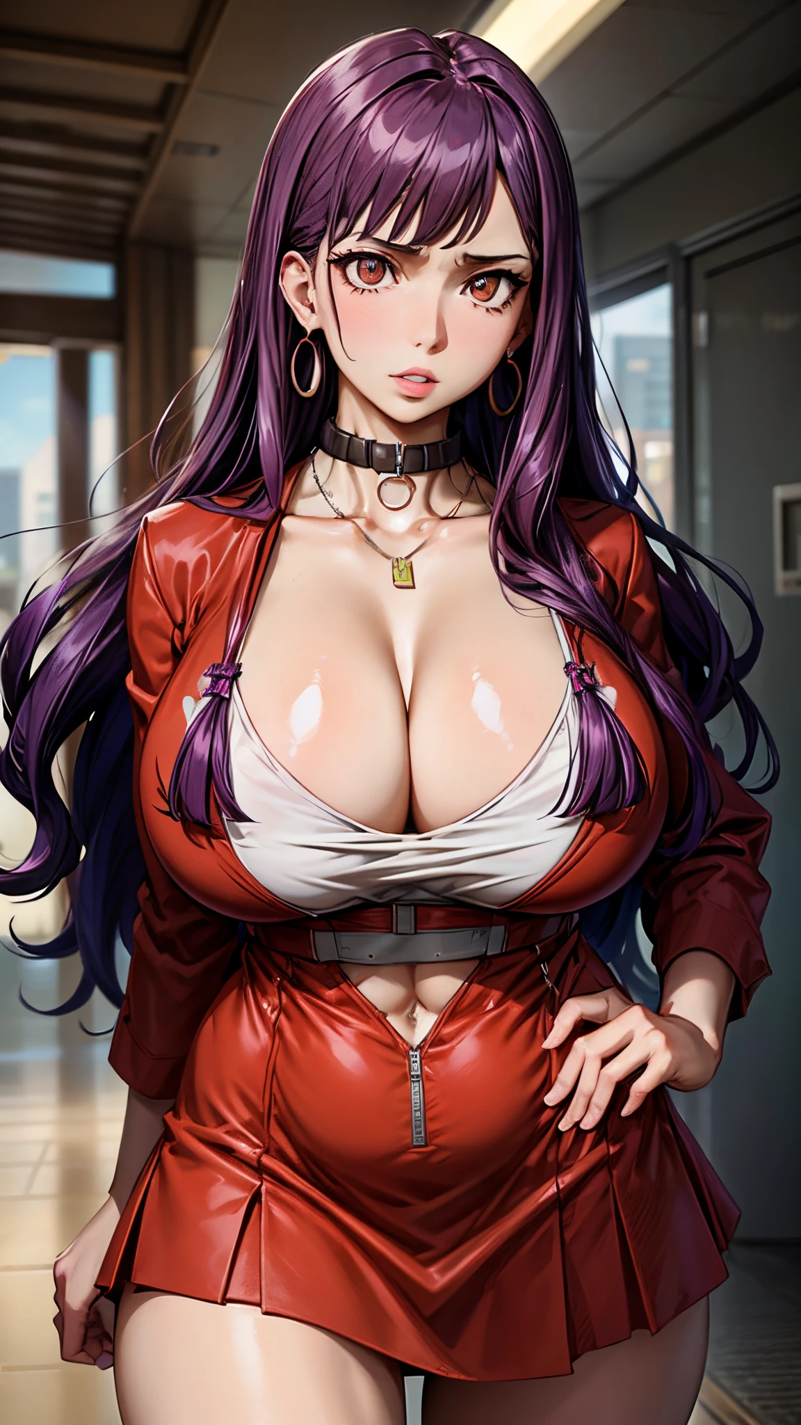 masterpiece:1.5, best quality:1.5, aesthetic, beautiful detailed hair detailed face, perfect feminine face, 1girl, sidelocks, cinematic lighting, sharp focus,large breasts , mature female, ,16k, glowing eyes, detailed 4k eyes,
playground,seduction,sexy lips, parted lips,detailed lips,
red lips, high detailed background,((big brown eyes)), detailed face,
clara_ma,solo,
long hair,earrings,cleavage,huge breasts,necklace,purple hair,brown eyes,mature female,red dress,lipstick,curvy,formal,skirt,red jacket,very long hair,hair intakes,suit,white shirt, peek bra,
1girl, breasts, jewelry, solo, long hair, earrings, cleavage, huge breasts, necklace, hand on hip, purple hair, looking at viewer, brown eyes, mature female, dress, miniskirt, lipstick, makeup, by sakimichan, george kamitani, akira yasuda, trending on artstation, pixiv, danbooru
