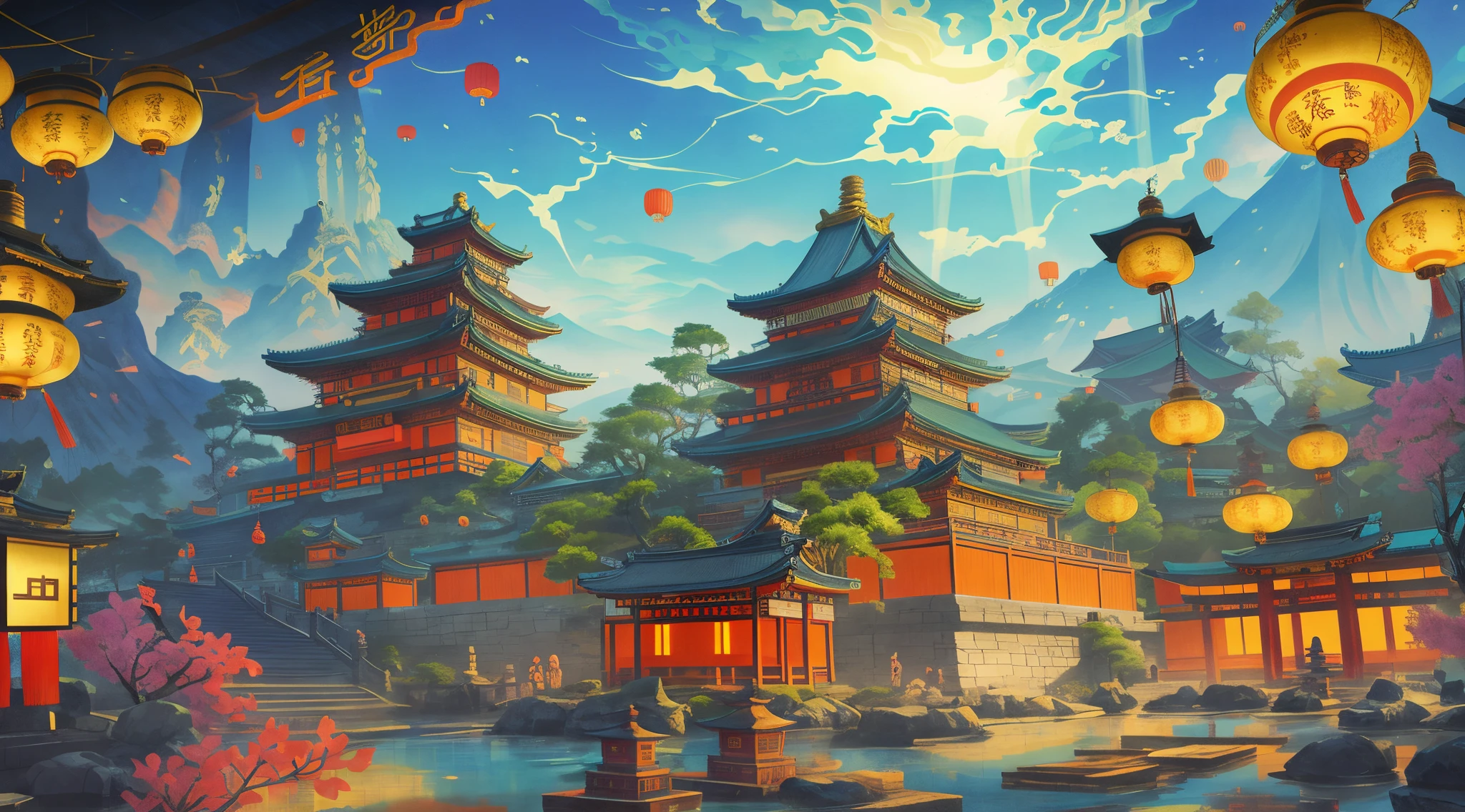 Japanese temple painting,There are lanterns and a pond in front, Traditional Chinese ancient castle, digital painting of a pagoda, Beautiful renderings of the Tang Dynasty, Dream Chinatown, 8K high quality detail art, rossdraws global illumination, Anime background art, G Liulian art style, ancient city landscape, ross tran. scenery background