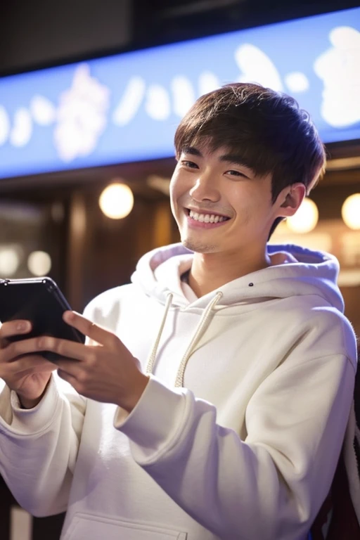 A 20-year-old Japanese man smiles while looking at his smartphone.,Idol Live Venues,Wearing a white hoodie