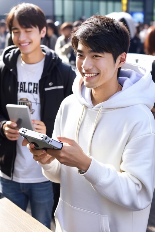 A 20-year-old Japanese man smiles while looking at his smartphone.,There are a lot of people at the idol live venue.,Wearing a white hoodie