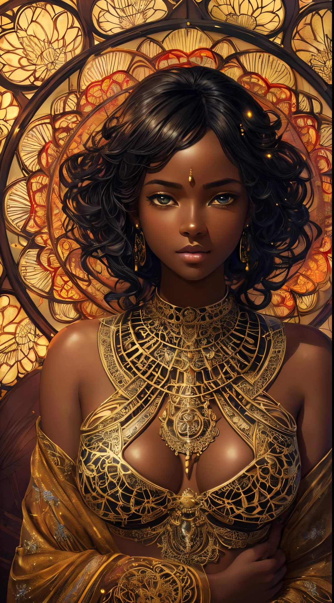 {Celestial hues, lofi, shiny aura, oil shine, cute, black girl in a crop top and baggy jeans, big pretty eyes} solo ((( perfet dark skintone, perfect flawless face, highly detailed, dynamic pose, intricate glowing motifs, beautifully detailed floral organic tracery, perfect composition, digital painting, artstation, concept art, smooth, sharp focus, illustration, Carne Griffiths, pixar, Victo ngai, Jean Baptiste Monge, beautiful, perfect eyes, full lips, 8k, best quality, full shot )))