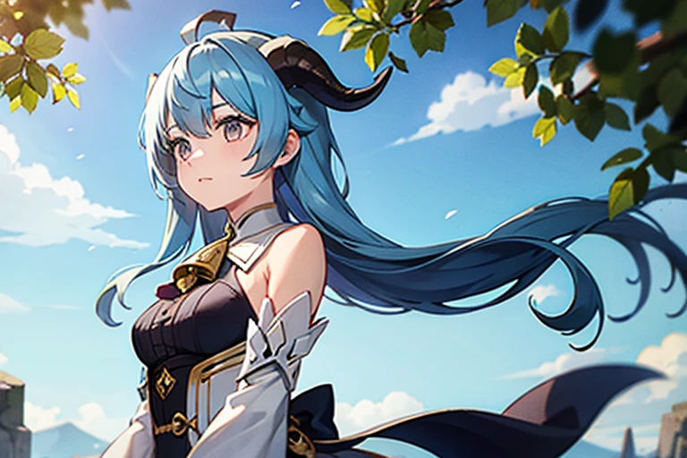 outside, goat, daylight, horns, blue hair, detached sleeves, bell, animal