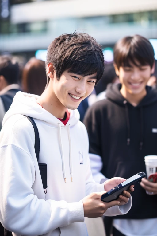 A 20-year-old Japanese man smiles while looking at his smartphone.,There are a lot of people at the idol live venue.,Wearing a white hoodie