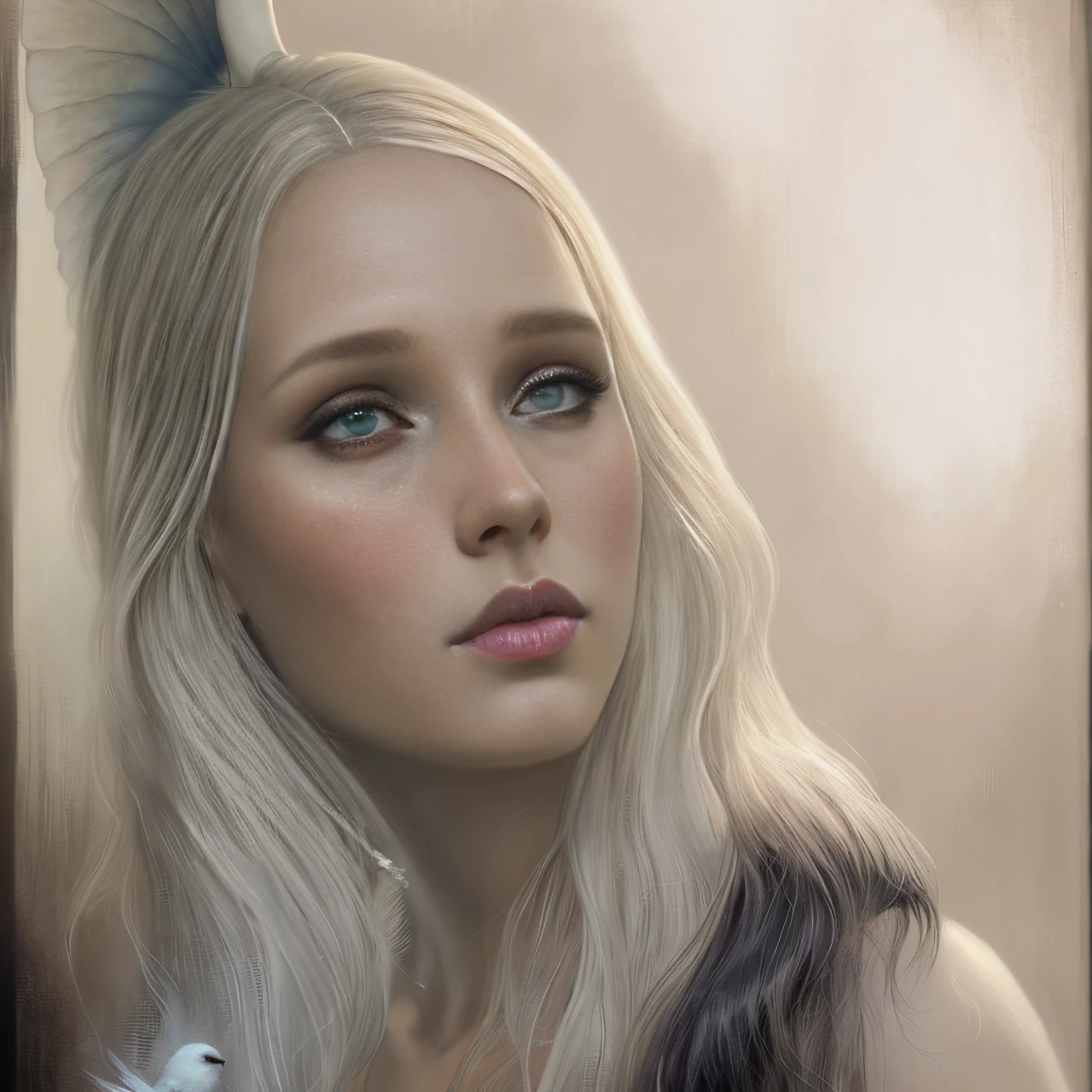 Painting of a woman in a white dress, holding a bird, Beautiful Maiden, magali villeneuve', beautiful fantasy art, graphic artist magali villeneuve, beautiful fantasy maiden, beautiful fantasy art portrait, by Cynthia Sheppard, beautiful fantasy portrait, very beautiful fantasy art, Unearthly beauty, portrait of Tom bagshaw, Tom Bagshaw. oil painting, tom bagshaw artstyle