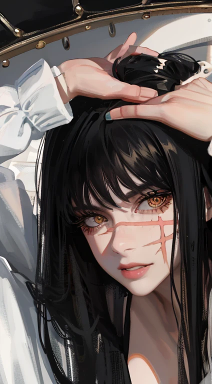 photorealistic, lip gloss, realistic, best quality, ultra high resolution, depth, pastel color, natural shading, focus on the face, just the face, looking at the viewer, long hair, black hair, brown and well-detailed eyes, black clothing