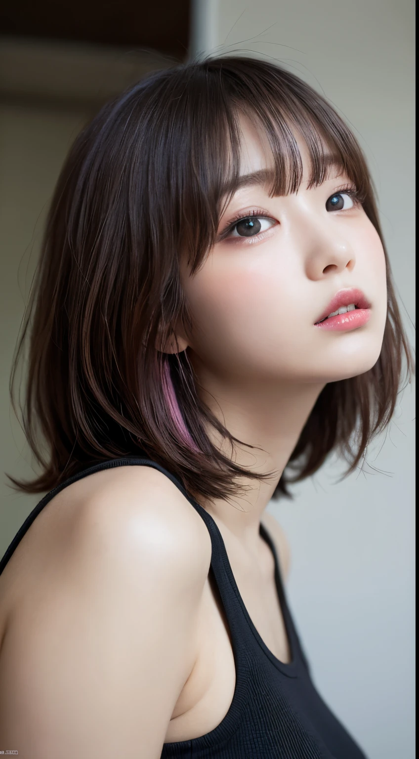 masutepiece, Best Quality, Illustration, Ultra-detailed, finely detail, hight resolution, in 8K,Wallpaper, Perfect dynamic composition, Beautiful detailed eyes, Black tank top,Short bob hair、Pink hair color,Big Natural Color Lip, Bold sexy poses,crying a little、cold stare,Harajuku、20 years girl、Cute、Looking up at the ceiling、In a dark room、Sleeping on the bed