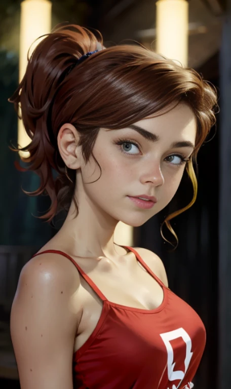 one white girl, hermione granger, solo, abs, slender body, (upper body, bust:1.2), brown eyes, brown hair, red clothes, bare shoulders, masterpiece, highly detailed, look at viewer, shiny blured orange background, gradient sprayed background, front view, gradient red purple background, blured background, glowing edges of image