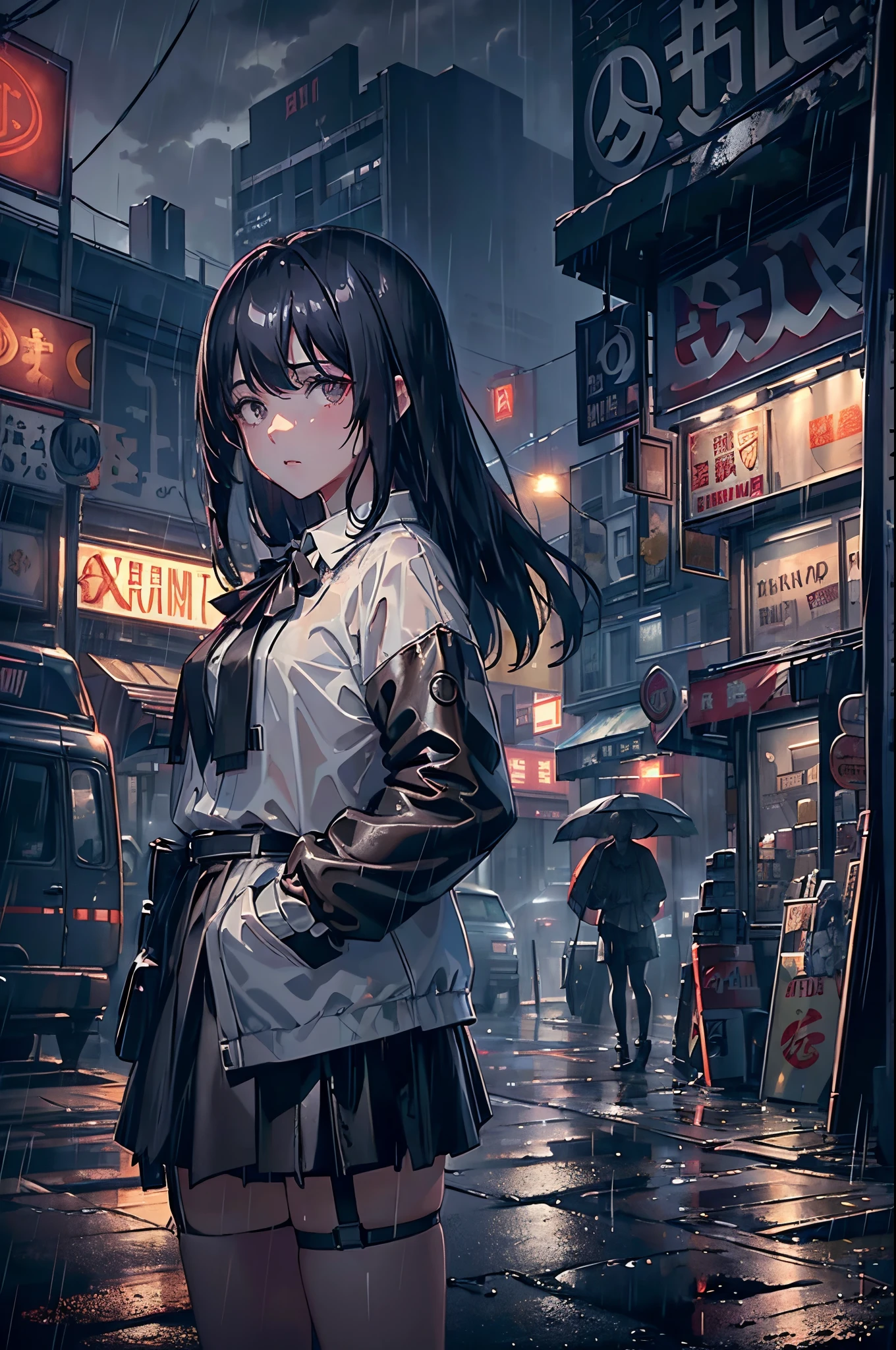 8K，tmasterpiece，Best quality，hyper-detailing，realistically，realistically，Extremely detailed face，电影灯光，电影灯光，ray traycing，illuminationessy  hair，
On cloudy streets，corner store，Foggy and heavy rain，A girl with black hair and black eyes stood in the middle of the road and cried.。She is wearing a black convertible jacket，White color blouse，Short black skirt and black garter belt，Clothes soaked by rain，black exposed，depth of fields（degrees of ），Cinema lenseilm illumination，