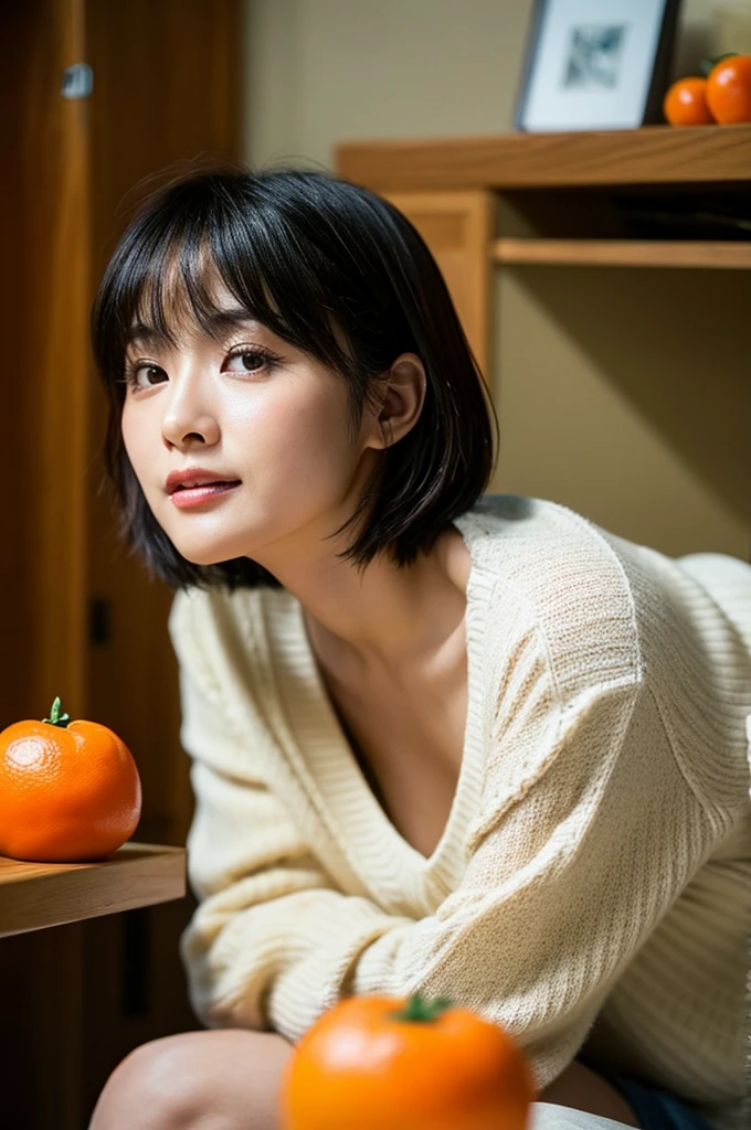 (8K、top-quality、​masterpiece:1.2)、(reallistic、Photorealsitic:1.2)（ultra-detailliert、hight resolution）(Slouched:1.3)、crouching down、(From  above:1.2)、(a closeup:1.4)Open your legs、（Sit with your knees upright:1.4）down sweater、long-sleeve、Smirk,Alafed Girl, chiho, iwakura lain, closeup Iwakura Lain, With short hair, Shiori Teshirogi, Kotegawa Yui, hime-cut, She is 30 years old, sui ishida with black hair, lain iwakura, Beautiful woman - well-groomed face, Clear pubic contours,(Small breasts), hight resolution, ighly detailed, top-quality, [​masterpiece:1.6],, ighly detailed, nffsw, finely detail, top-quality, , Cinematographic lighting, 1womanl、Cute Japan Woman、perfect body type、, cute droopy eyes beautiful big eyes、Transcendent beauty　top-quality、​masterpiece、majicMIX Real、(Raw photography:1.2)、(Photorealsitic:1.4)、winter home room、Kotatsu、Eating tangerines、Shot from above　Negative Prompt