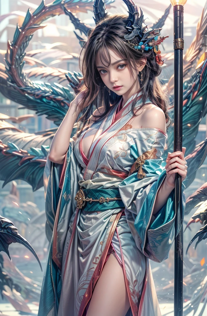 (Photoreal Stick:1.4, masutepiece:1..3, 8K), top-quality, masterpiece, 超A high resolution, Perfect dynamic composition, Professional camera work, Grow Light Effect, Mystical portrait, Cinematic Light, Highly detailed skin and facial texture:1.3, The ultra-detailliert, A detailed eye, (riding a dragon:1.2, carry a noble long cane), (myterious:1.3, Fanciful:1.2, tradition:1.2, majestueux:1.2), 1girl in, 25-years old, cute and sexy slim goddess, Fair skin, (Calm:0.9, Totally captivates you:1.0), (japanese kimono:1.3, off shoulders), (voluptuous breasts:0.9), (Backshots), (A beautiful Blue eyes, Eyes that feel beautiful eros:0.85), Sexy face:0.4, (A mouthfeel that feels beautiful eros:0.85), ((Too cute beauty:0.9)), Fantastic background, Eliminate unnecessary hands