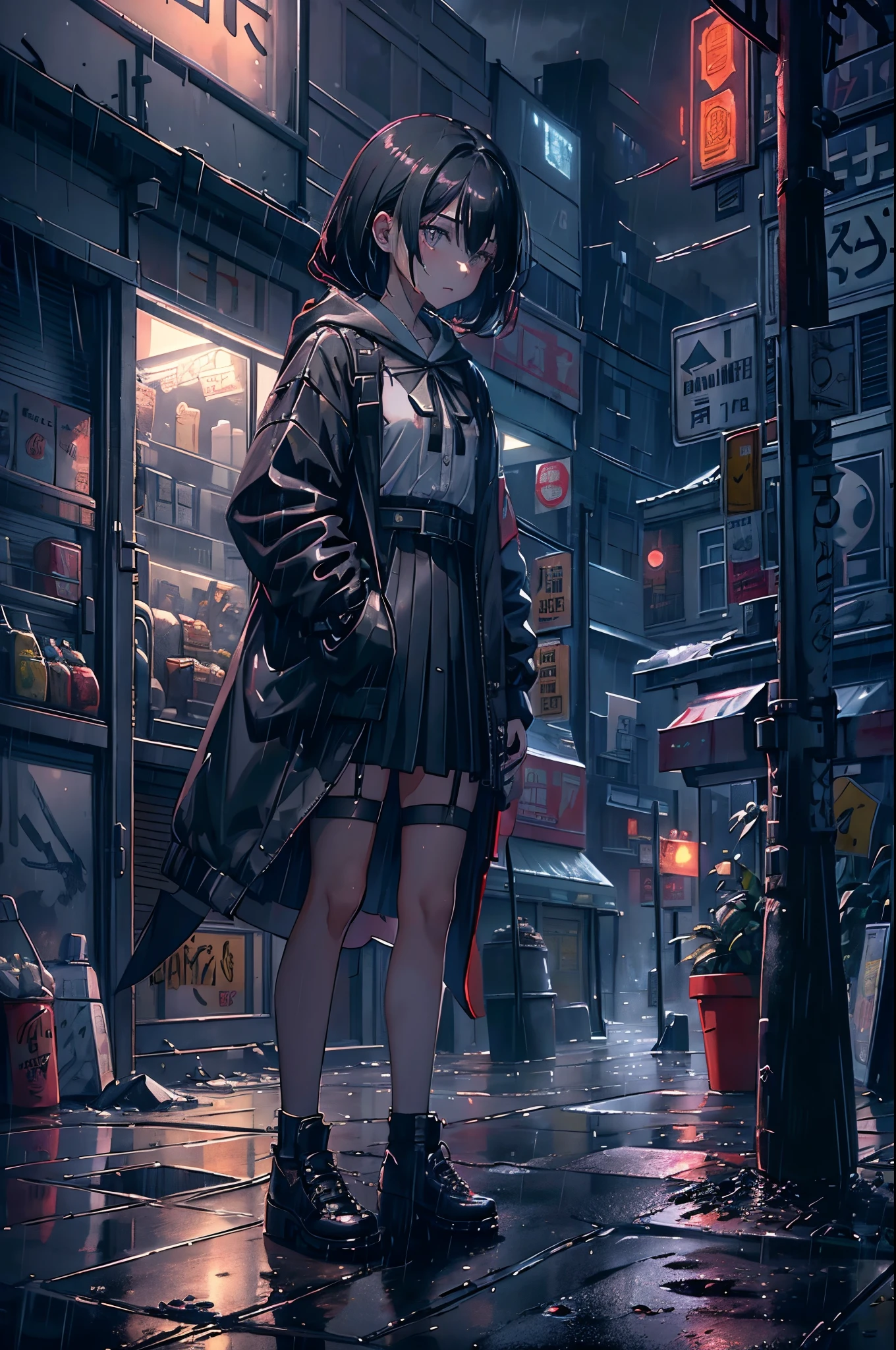 8K，tmasterpiece，Best quality，hyper-detailing，realistically，realistically，Extremely detailed face，电影灯光，电影灯光，ray traycing，illuminationessy  hair，
On cloudy streets，corner store，Foggy and heavy rain，A girl with black hair and black eyes stood in the middle of the road and cried.。She is wearing a black convertible jacket，White color blouse，Short black skirt and black garter belt，Clothes soaked by rain，black exposed，depth of fields（degrees of ），Cinema lenseilm illumination，