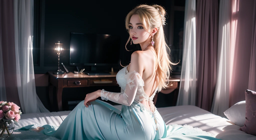 tmasterpiece,Highest image quality,super detailing,Best quality at best ,Extremely Delicately Beautiful, Very meticulous,Best quality at best, offcial art, extremely detaild的 CG unified 8k wallpapers, Ana de Armas portrait photo, blond hair blue eyes,Radiant skin and radiant eyes:1.1), pretty skin, lamplight, (Detailed lighting:1.2), (Beautiful and detailed light:1.3), beautiful wedding dress, deep understanding, The beautiful, iintricate, digitial painting, smooth private parts, Focus sharp, The end of the world, Epic reality, (HighDynamicRange:1.4), captivating curves,(pastel colour:1.4), Bigchest,(The most beautiful look),apocalyptic,(The best look,), giving up, com cores neutras, natta, Screen space refraction, (Complicated details, ultra - detailed:1.3), (The sexiest look,),art stations, Cinema lenses, vignet, the complex background, buliding,Enchanted smile,detailed back ground,Dream catcher earrings in various colors,white colors,in pink,purpleish color,red colour,blue colors,orange colors,green color,Cyan lacks color,),No shoulder strap,