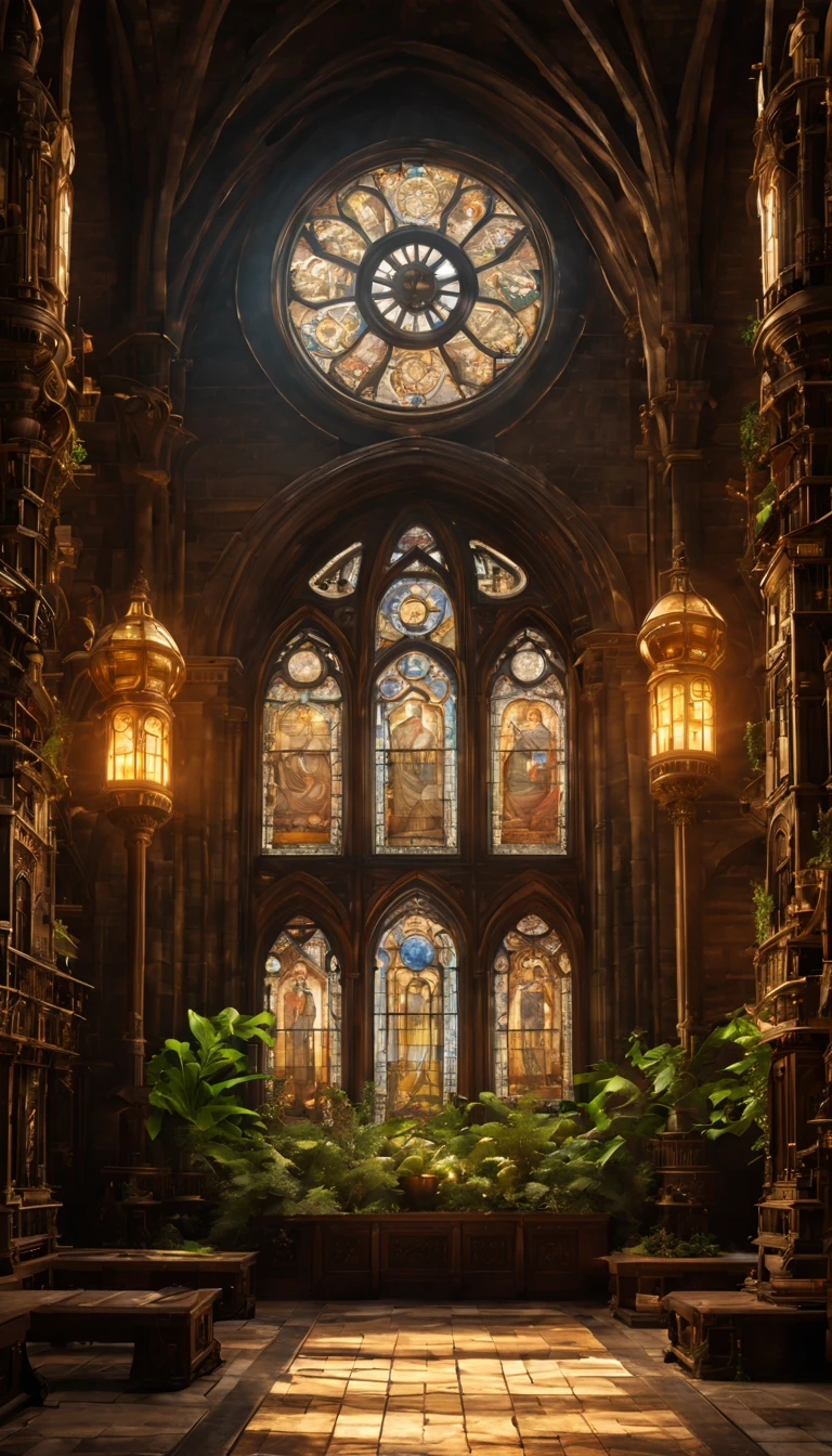 Medieval monastery,steampunk robot monk,Beautiful ornate building,Steampunk machinery and gearquisite stained glass windows,ancient stone floor,The engraving is complex,Glowing candles,Lush plants,Calm and tranquil environment,Mechanical wings attached to the shoulders of a robot monk,Intricate clockwork mechanism of robot monk,Powerful electromechanical eyes,warm gold color palette,Soft sunlight streaming through stained glass windows,The combination of future and medieval elements,Harmony of technology and spirit。(best quality,4k,8k,highres,masterpiece:1.2),ultra-detailed,(realistic,photorealistic,photo-realistic:1.37),