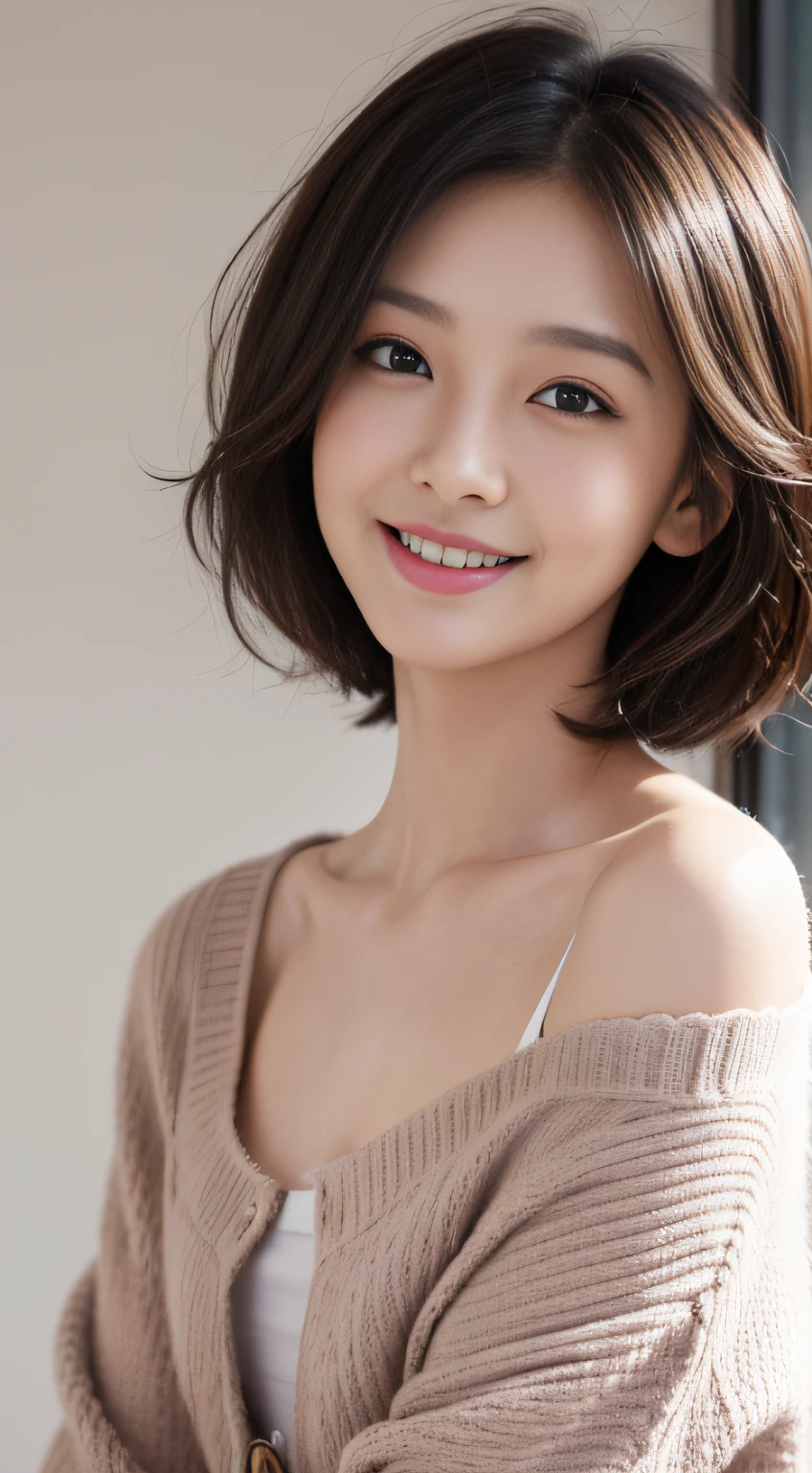 masutepiece、Best Quality、Illustration、 Ultra-detailed、finely detail、 hight resolution、8K Wallpaper、Perfect dynamic composition、29 year old pretty woman、detailed beautiful faces、detailed cute eyes、Textured skin、discret smile、Wavy short hair、tiny chest、Bold sexy poses、Winter casual wear、