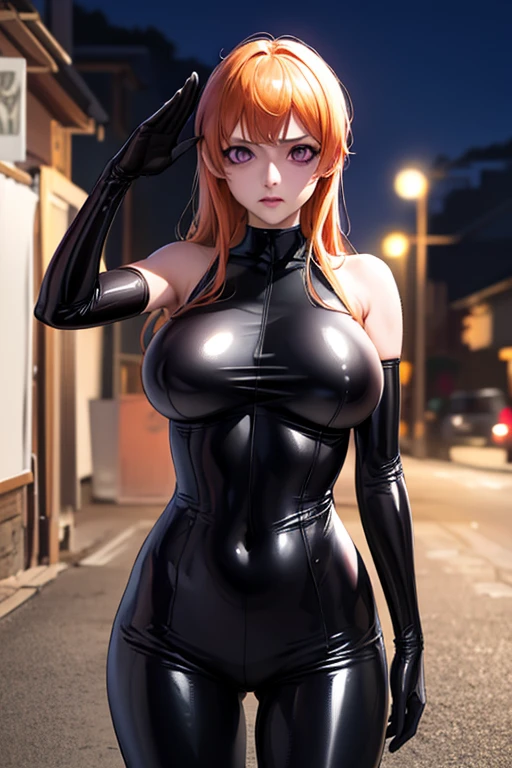 {1girl in},{{{{{masutepiece++, Best Quality++, Ultra-detailed+, 超A high resolution,(Photorealistic:1.4),Raw photo,(Nami)+,(Nami)+,(One Piece NAMI)+,(Onepiece),Orange hair, Girl in black latex full body suit,very aesthetic, Best Quality, absurderes, 1girl in, purple eyes, glowing eyes,Brainwashed,}}}}}, {type moon style}, Big breasts,deadpan, Darkness ,(night:1.5),stand and salute