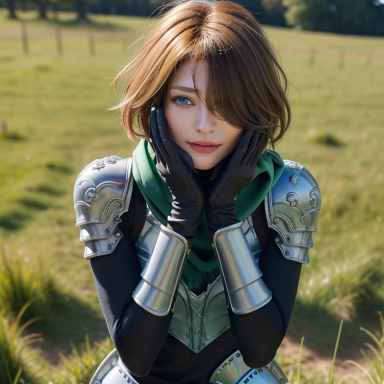 (({{masterpiece,best quality,ultra-detailed}}))  1girl, grass field,flower,wariza,looking at viewer,blonde short hair, armor, red hair band, breastplate,shoulder armor, bangs , (armor bootoots ,, green scarf ,armored boots,upper body, hair over one eye ,hair over one eye ,blue eyes ,gloves ,holding ,pantyhose ,