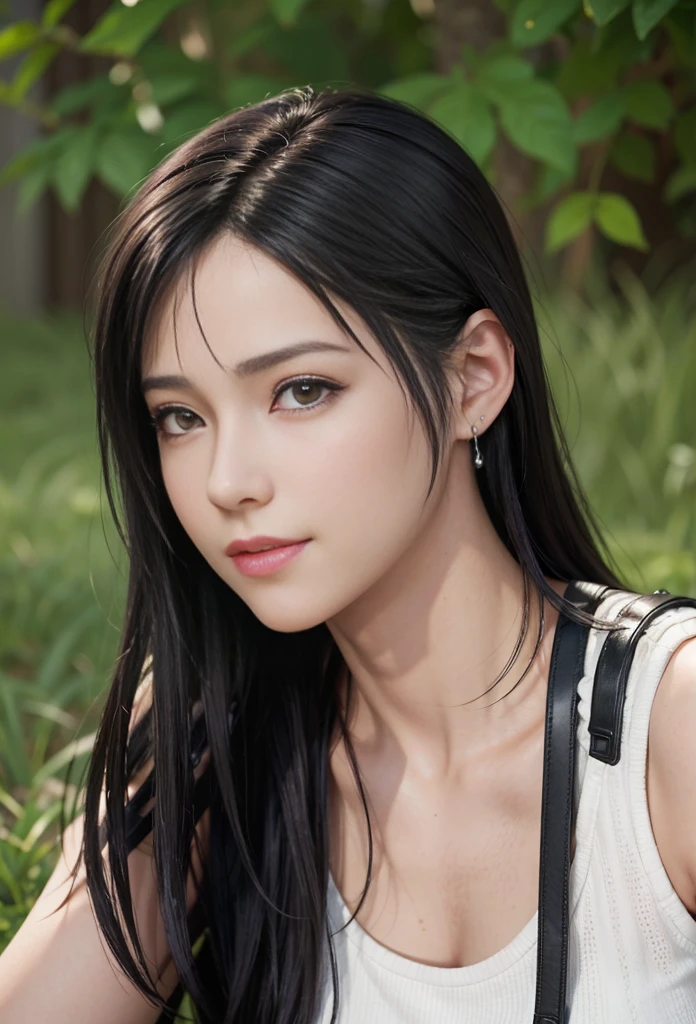 (best quality,ultra-detalhado),(Realistic:1.37),Tifa Lockhart, Rosto bonito e detalhado, maquiagem preta nos olhos, textura ultra realista, rosto delicado, corpo delicado, smiling expression